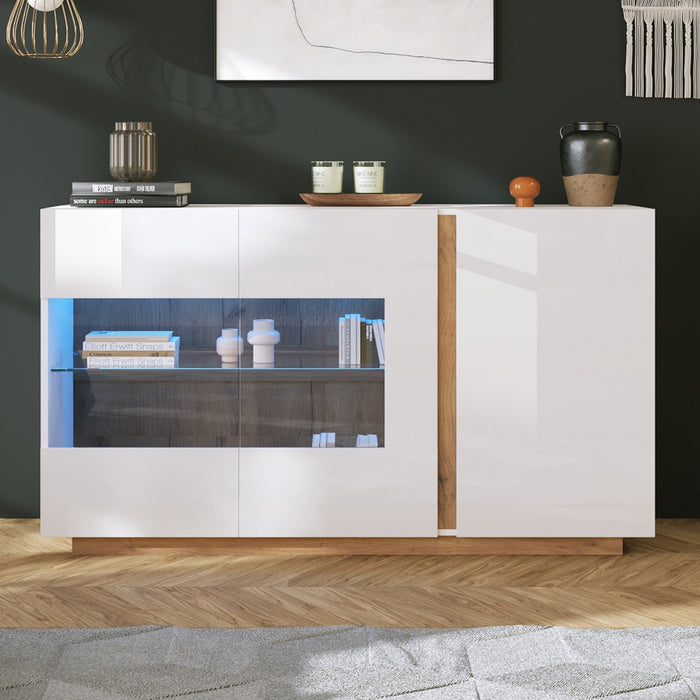 Sideboard High Gloss Chest of Drawers, White Chipboard with Glass