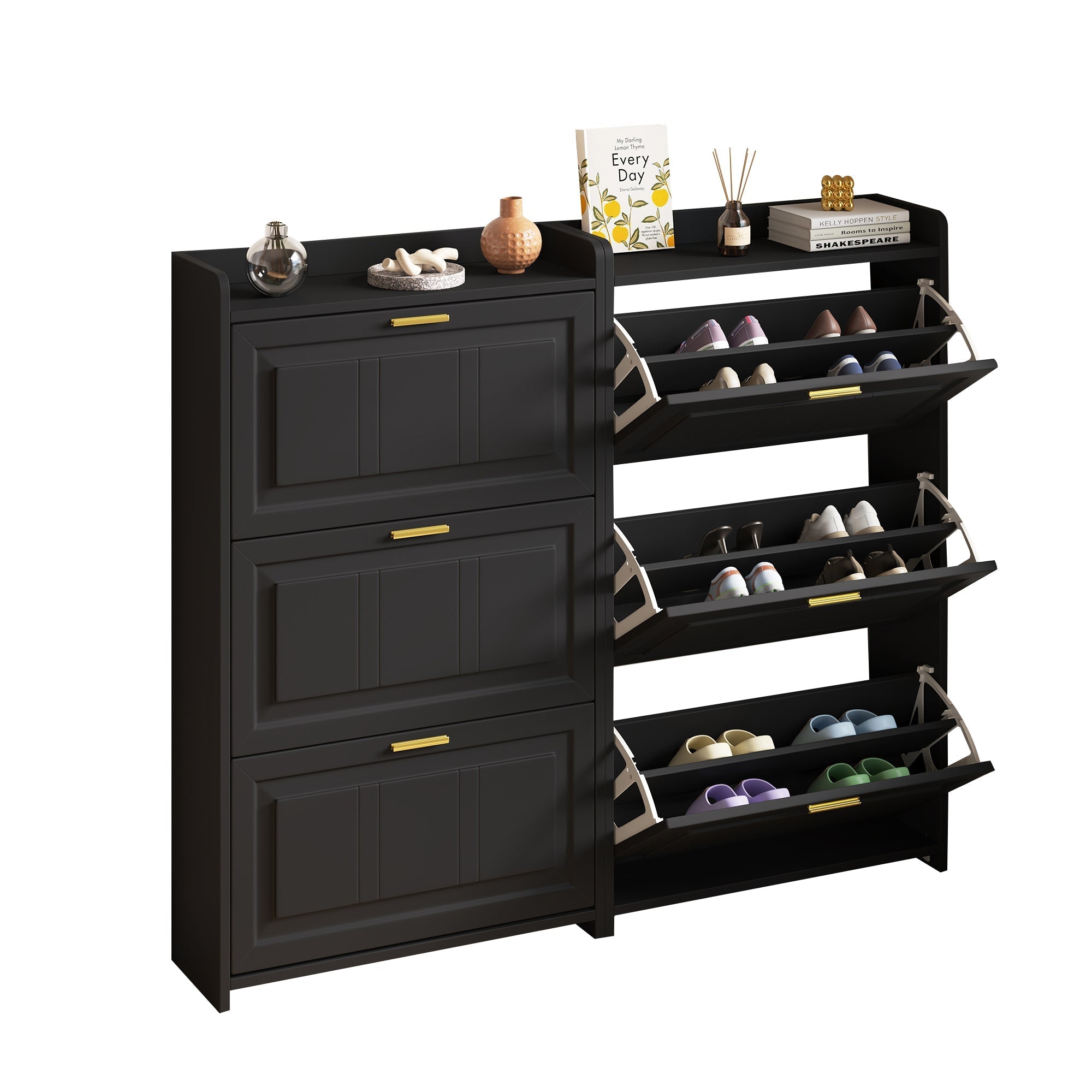 Shoe Cabinet Set with 6 Compartments and 2-Piece Design, Black MDF and Chipboard