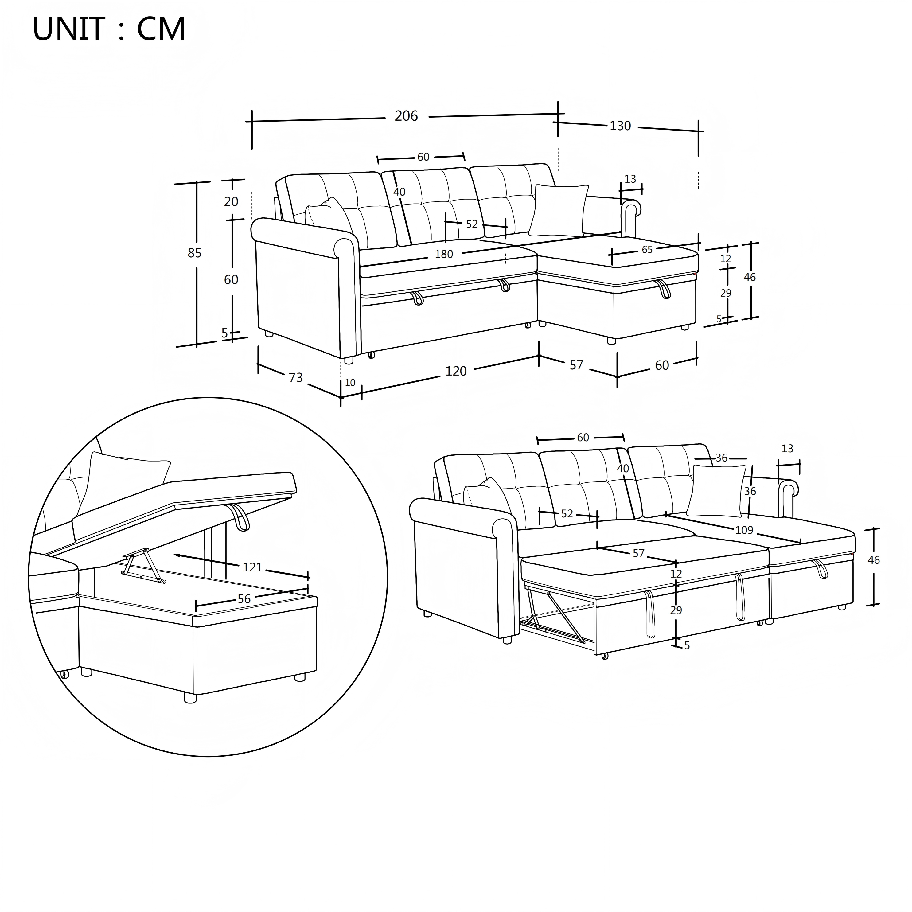 Corner Sofa L-Shape Storage Sleeping Function Reversible - Chenille Beige
