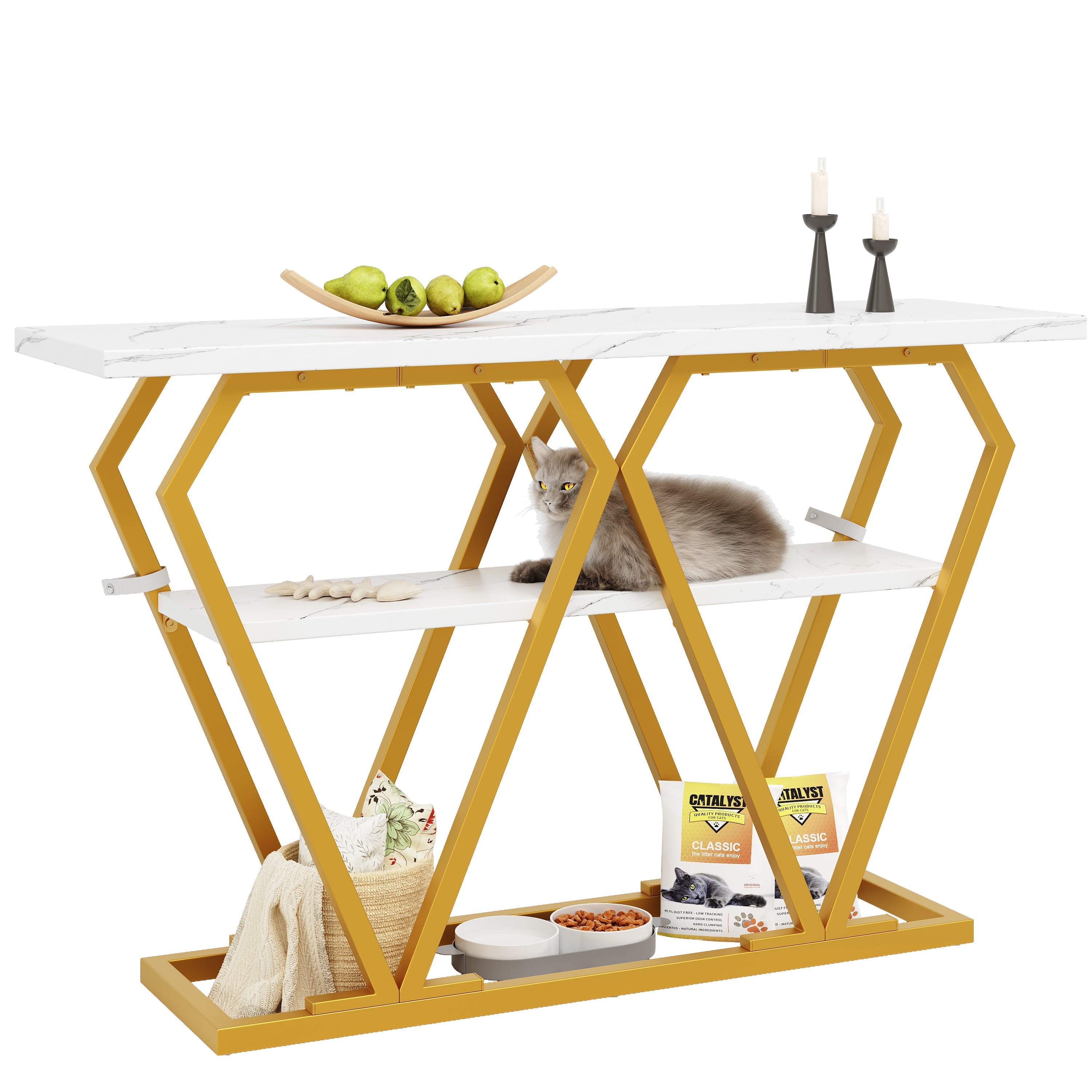 Console Table with Integrated Storage and Metal Legs, White Marble Look