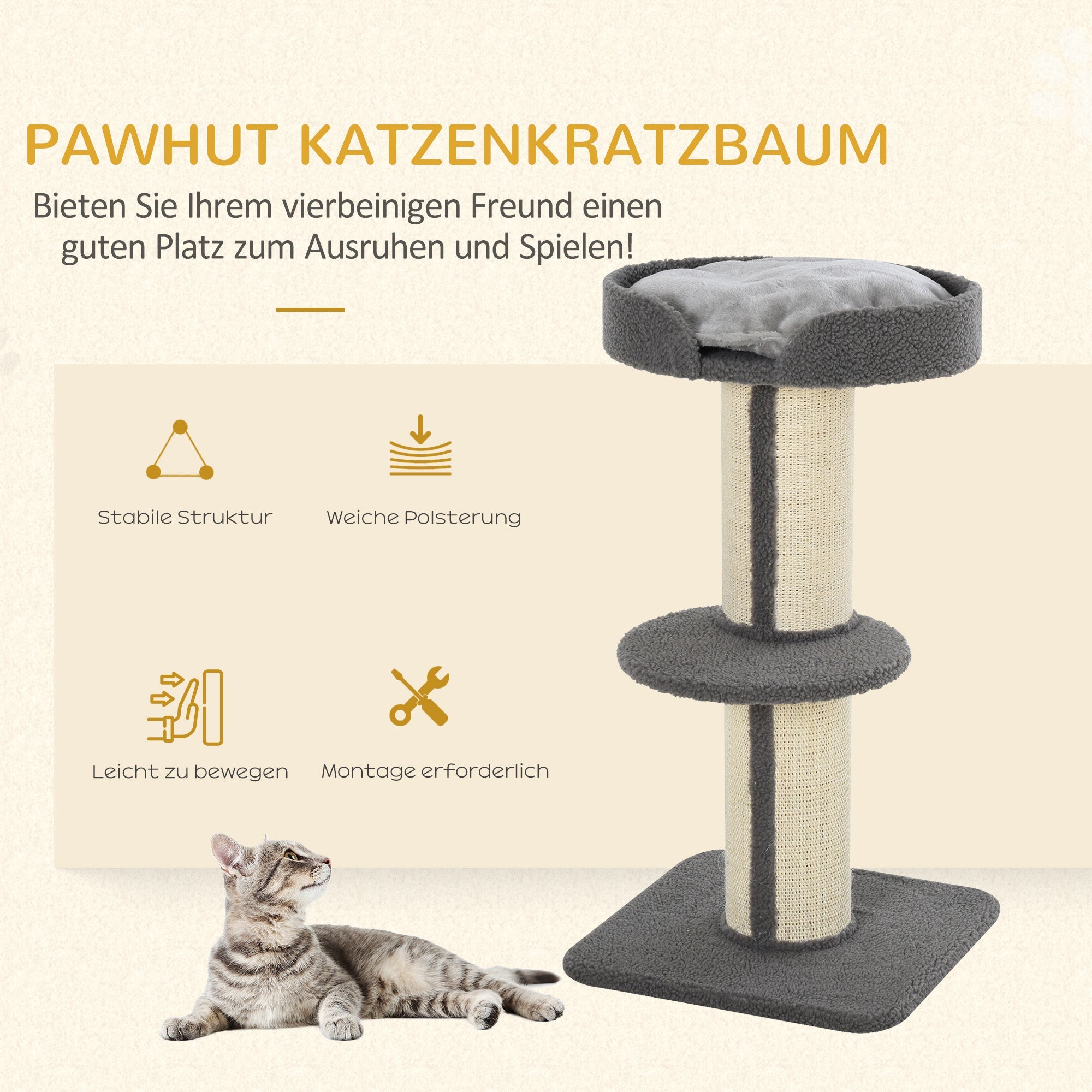 Cat Scratching Post, Sturdy with Platform, Sisal, Grey