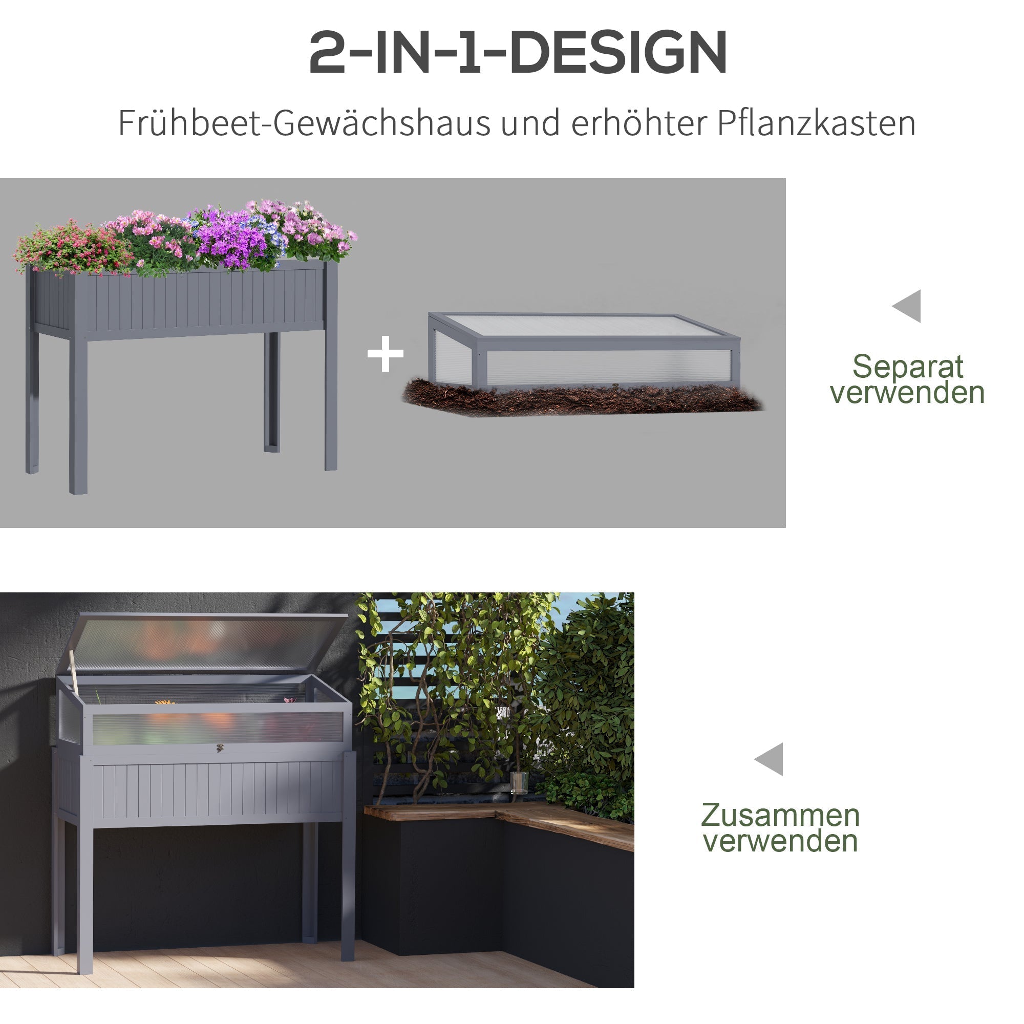 Raised Garden Bed with Cold Frame 2-in-1 Greenhouse 120x54x112/122cm, Wooden Polycarbonate Grey
