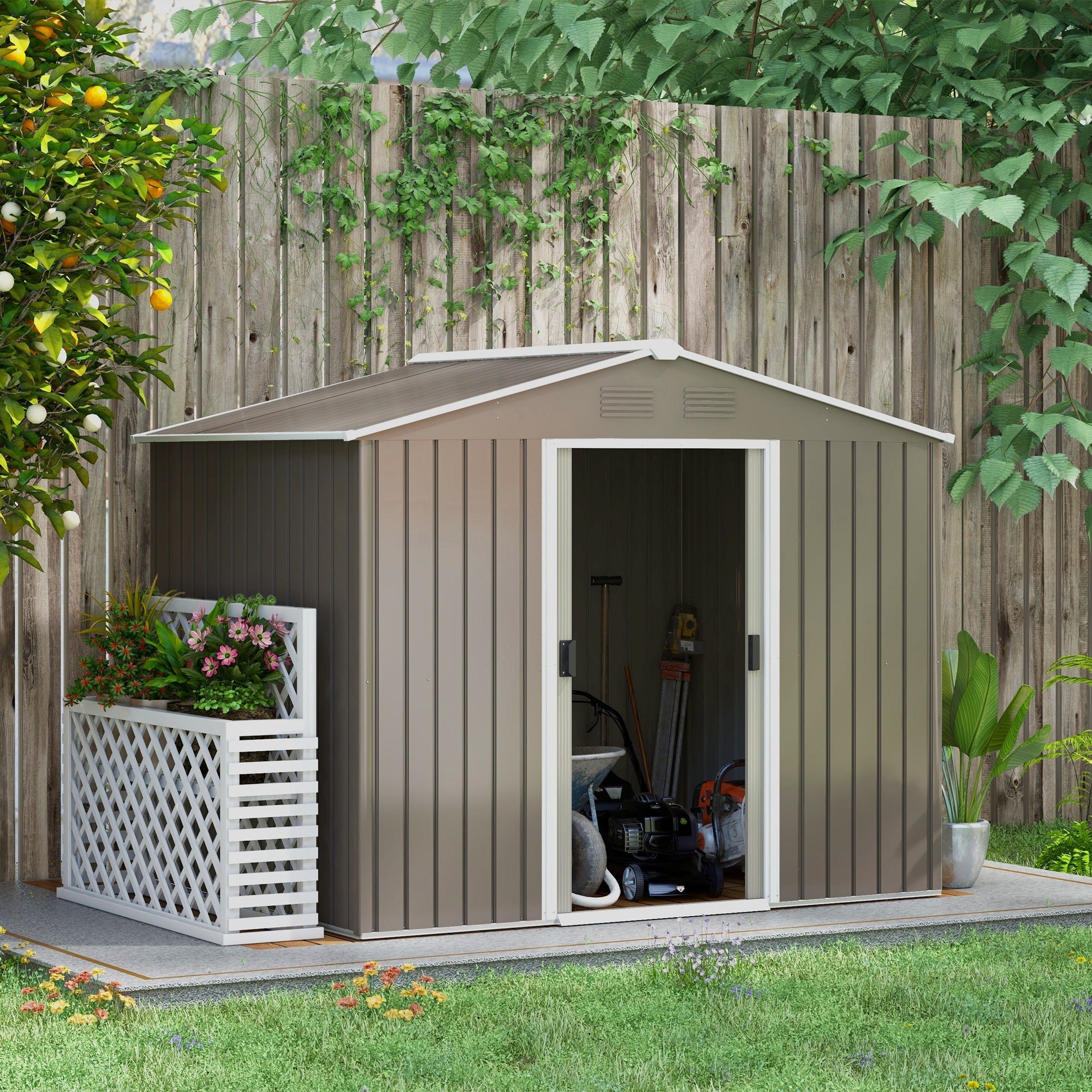 Outdoor Garden Storage Shed 7.7 x 5.7ft Metal with Sliding Doors, Light Grey