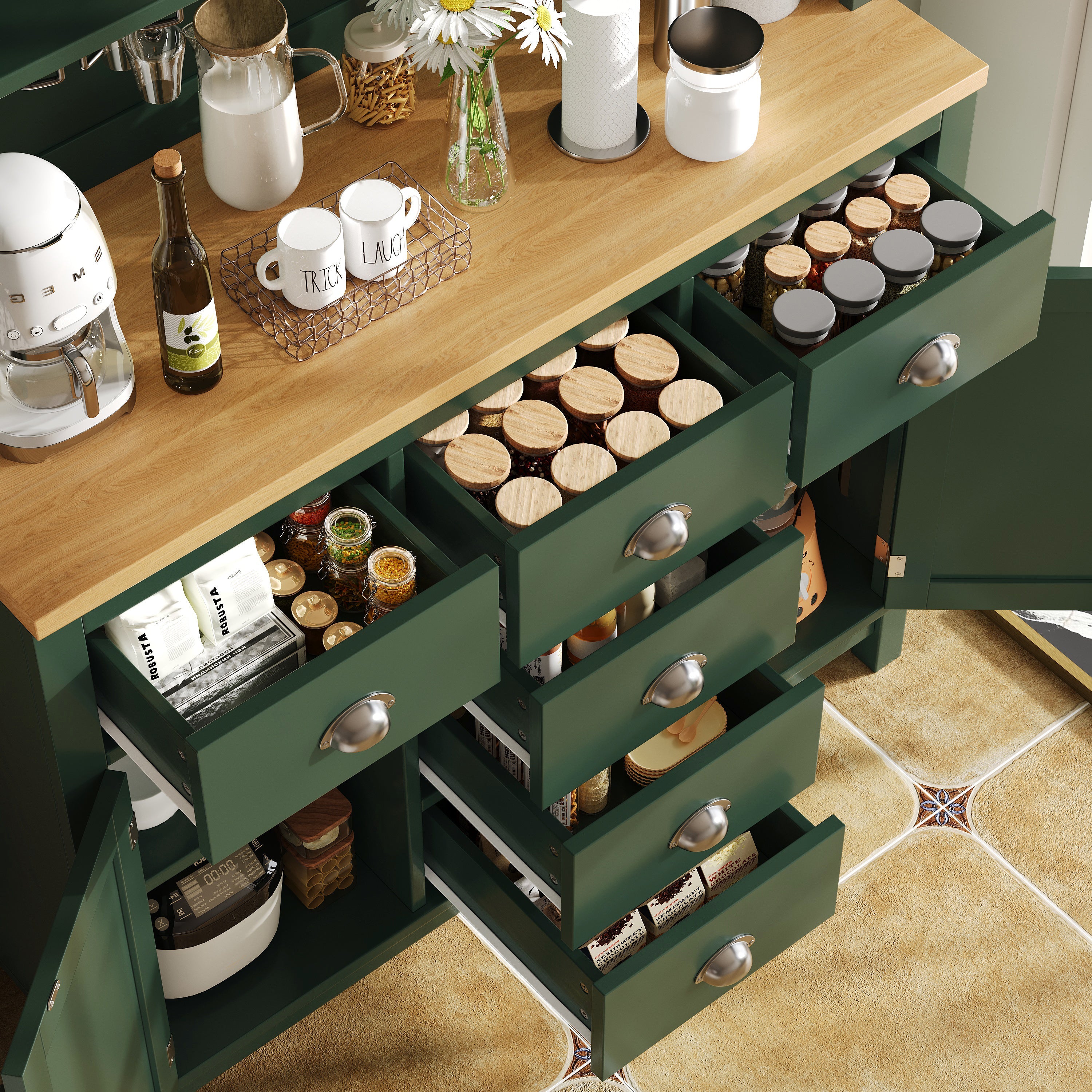 Buffet Sideboard Cabinet with 4 Doors and LED Lights, Green and White