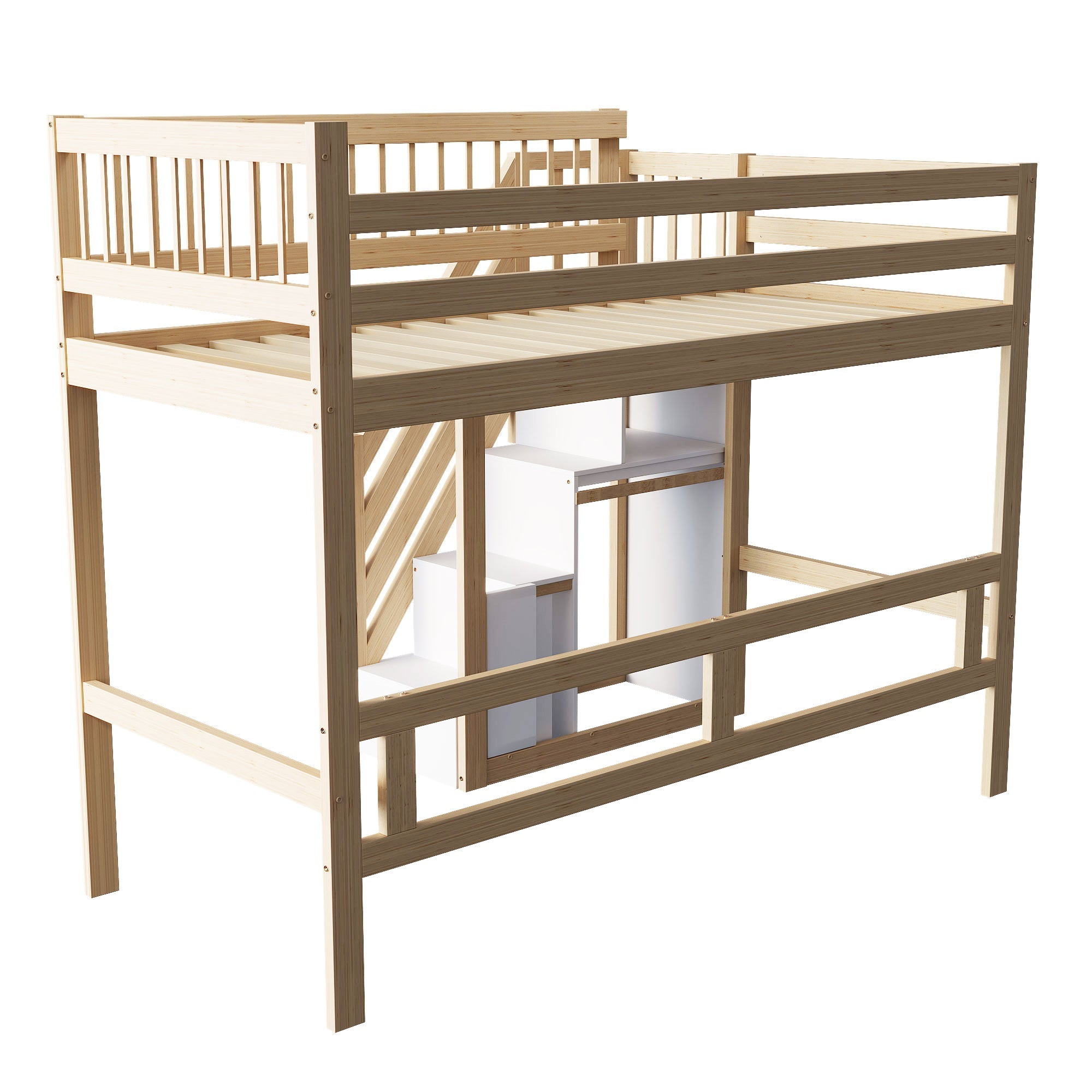 Solid Wood Bed, 90x200, Storage Stairs, High Version, Wood Color