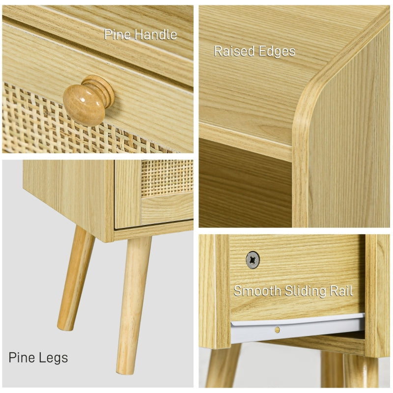 Rattan Weave Bedside Tables Set of Two, Wood Effect