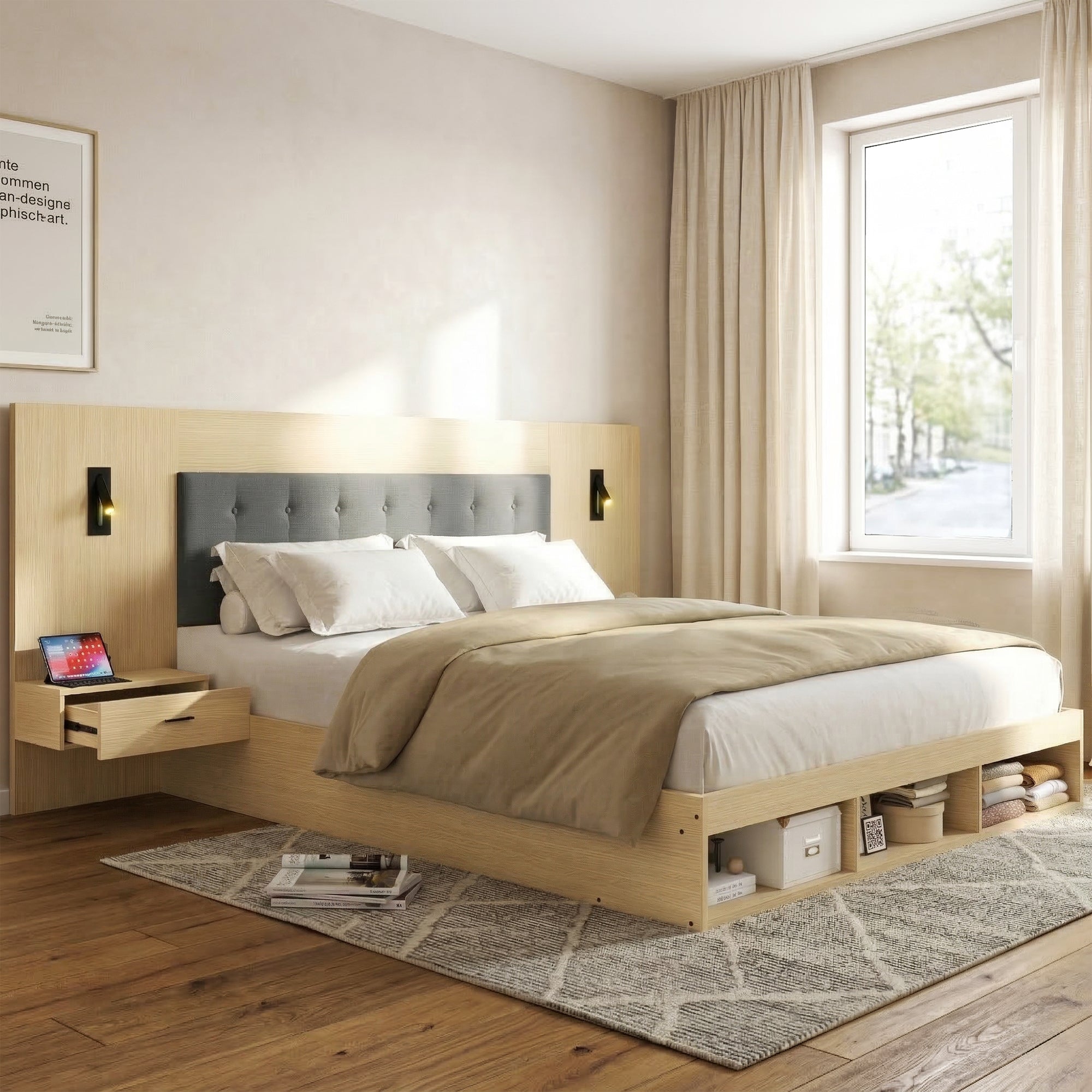 Double Bed with Storage, Charging Station, Reading Lamp and 2 Bedside Tables, 180x200cm, Light Oak Wood