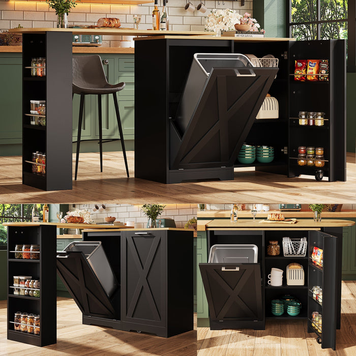 360° Rotating Breakfast Bar with Multifunctional Storage and Side Shelves, Black