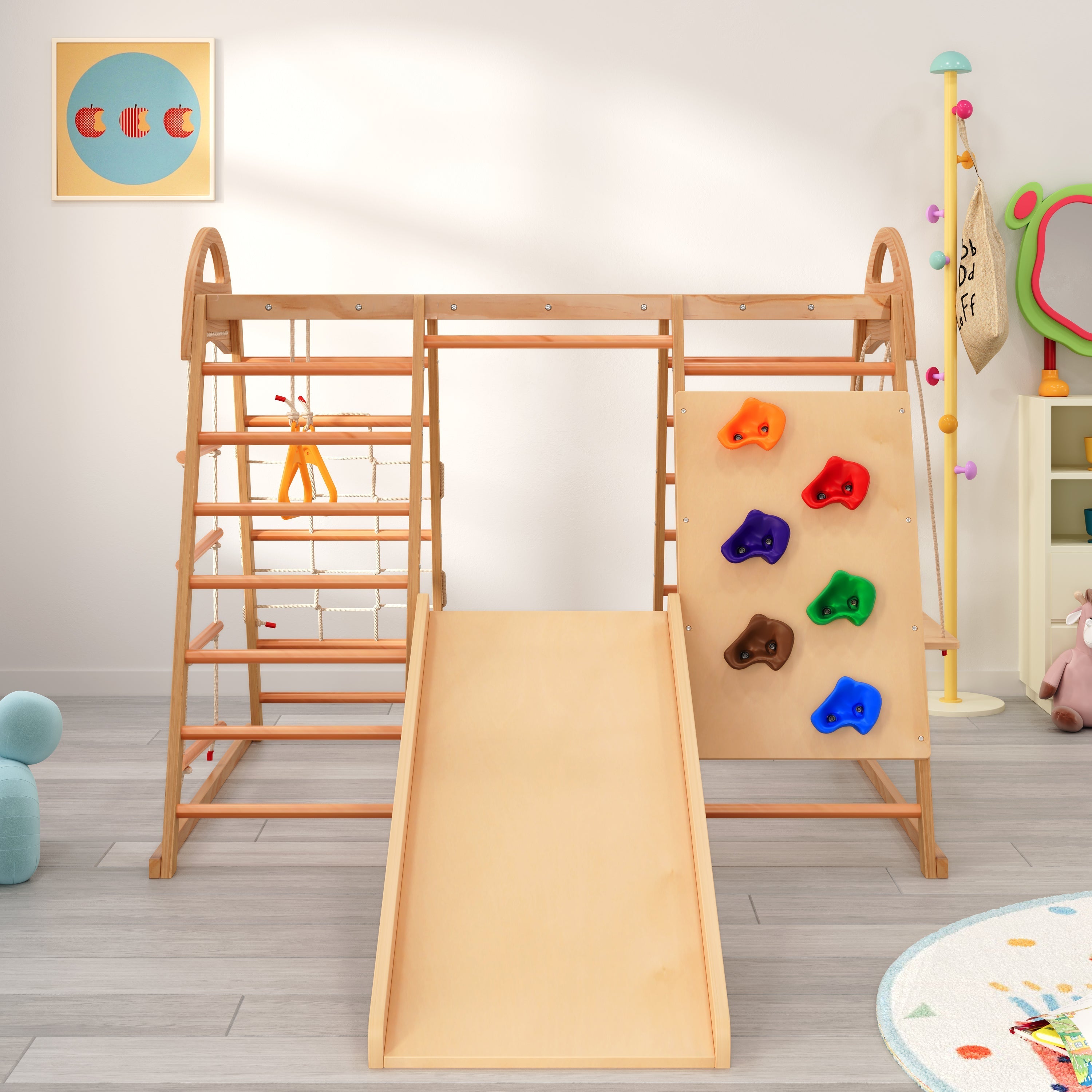 7-in-1 multifunctional climbing frame, solid wood plywood and beechwood