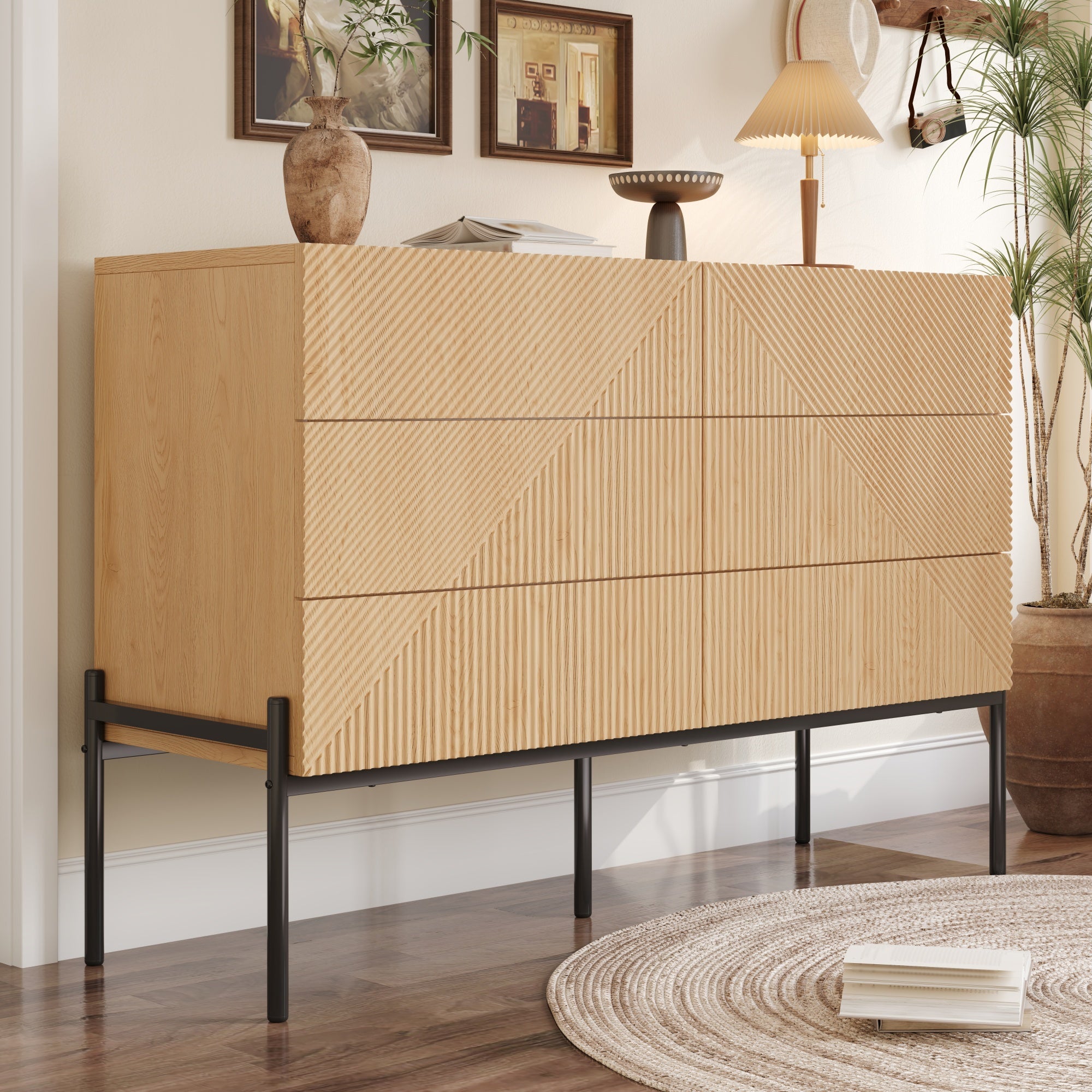 Sideboard with Six Drawers and 3D Geometric Texture, Multifunctional Storage for Living and Dining Room, Wood and Metal
