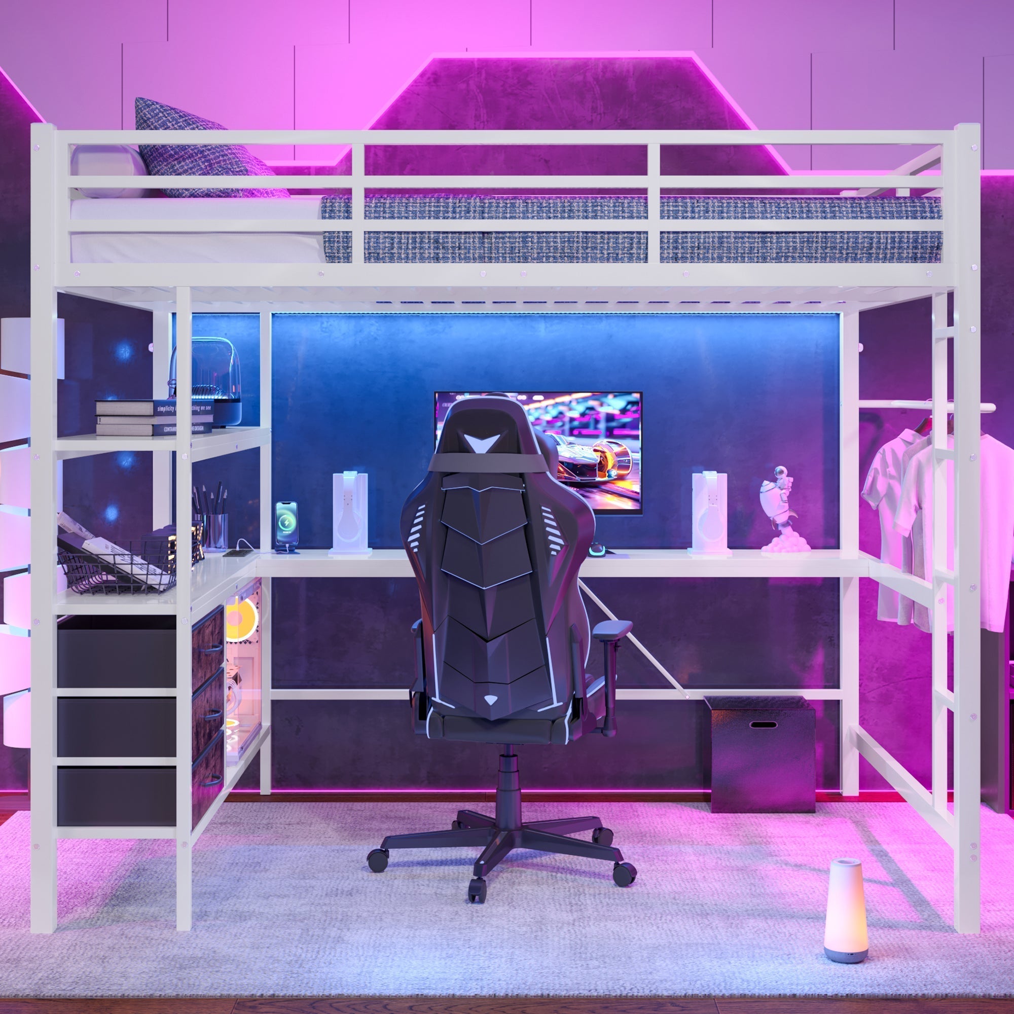 Loft Bed 140x200cm LED Desk USB/Power 3 Drawers Stairs - White