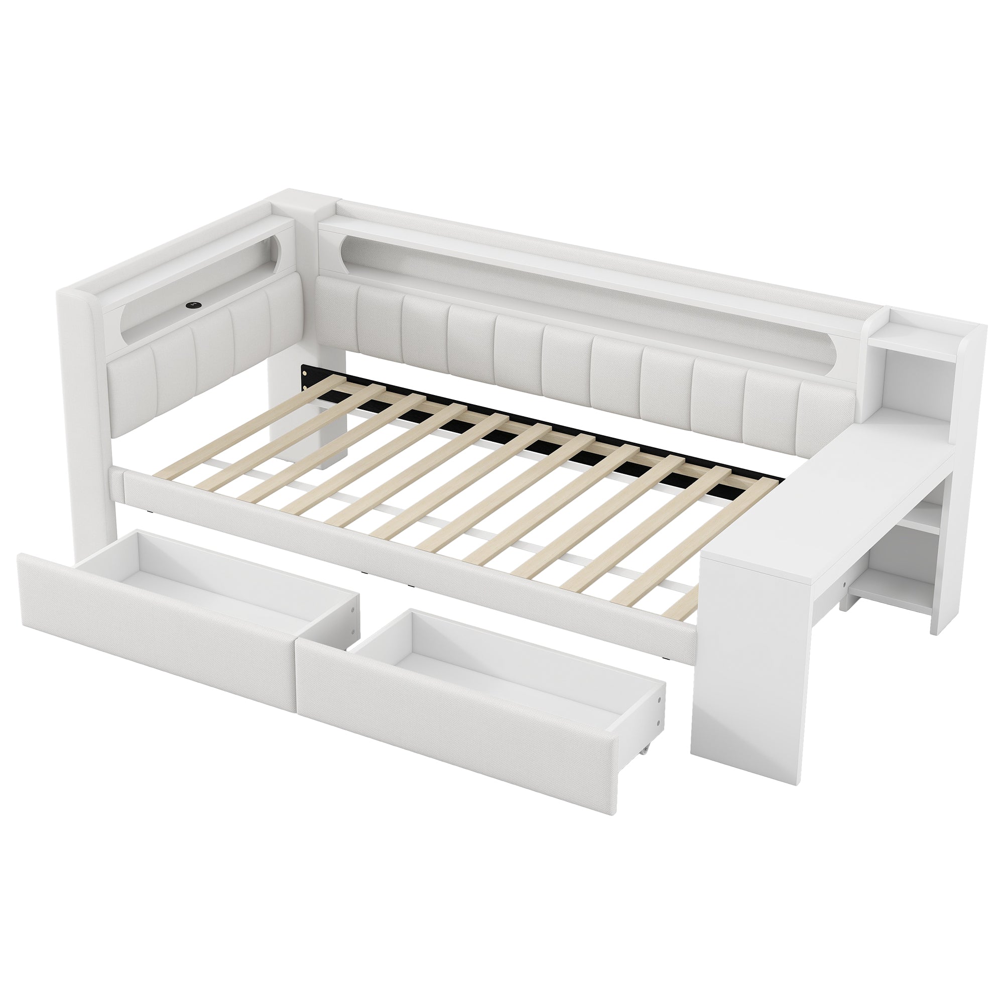 Upholstered Daybed 90x200 with Desk, LED Light, USB Port & 2 Drawers, White
