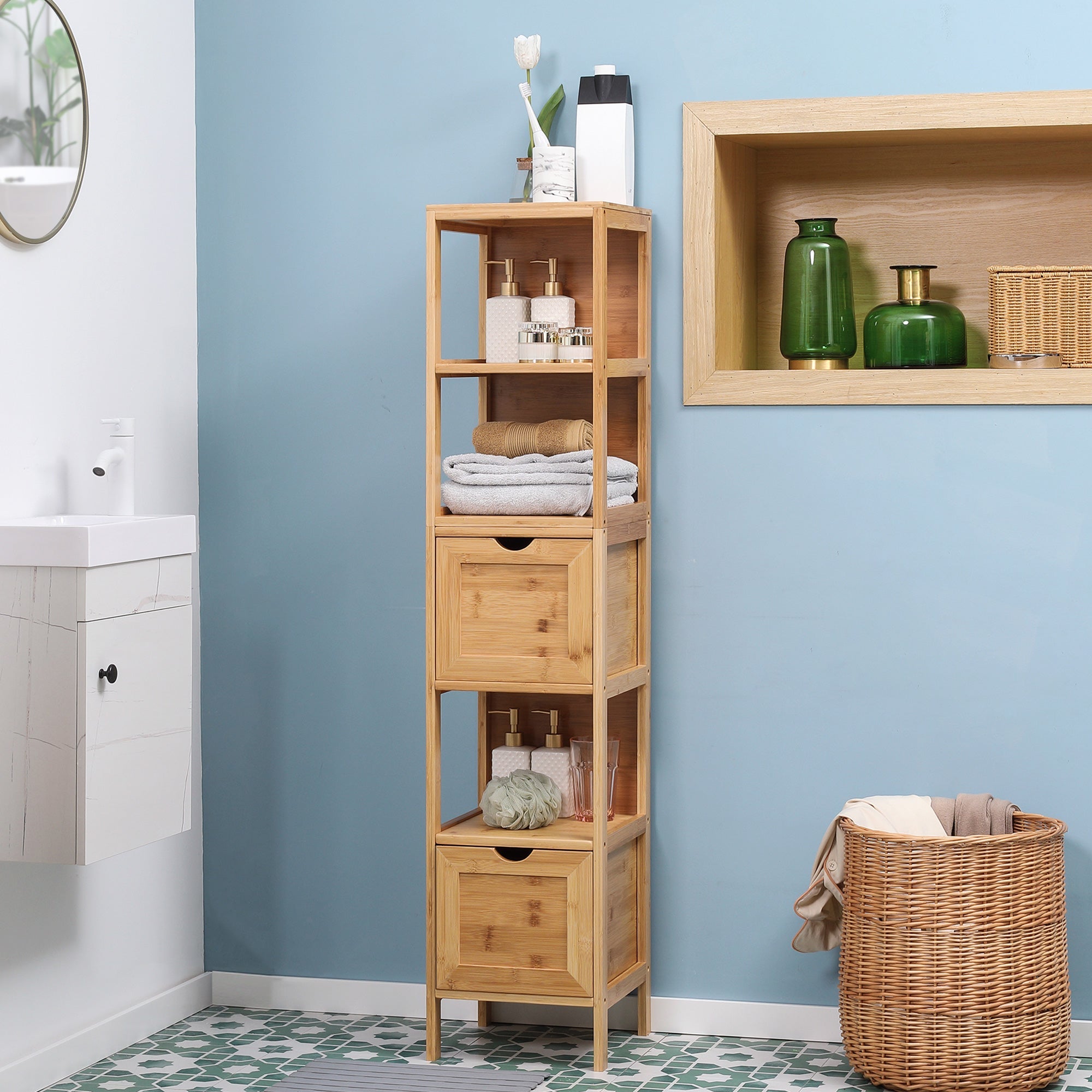 Kleankin Bathroom Cabinet, Tall with 3 Shelves 2 Drawers, Bamboo