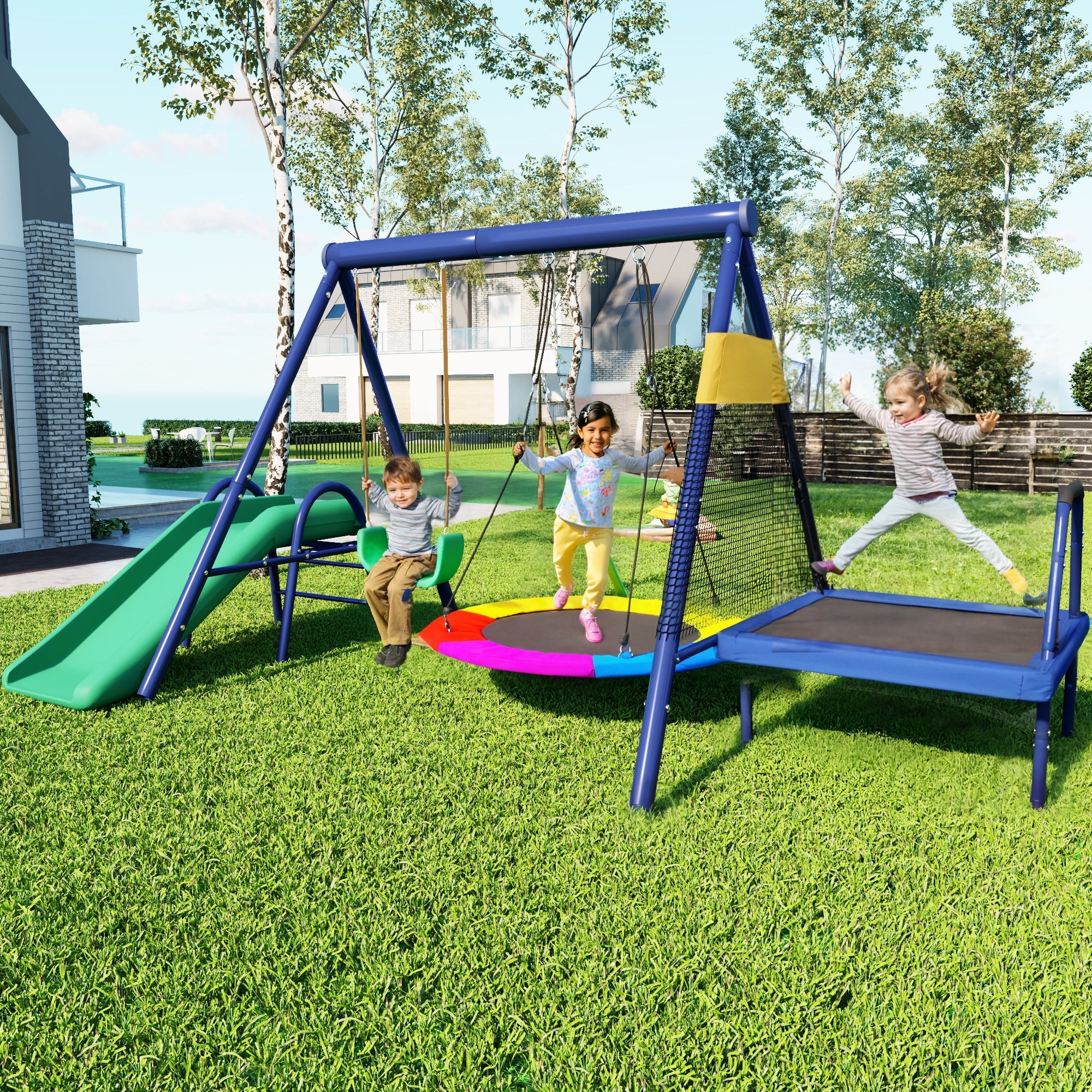 Multifunctional outdoor swing set with slide, trampoline, round nest swing, and plastic swing, safe and durable