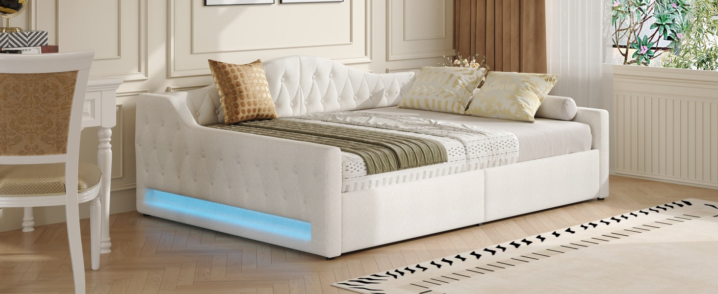 Upholstered Daybed 140x200 LED Storage - Beige