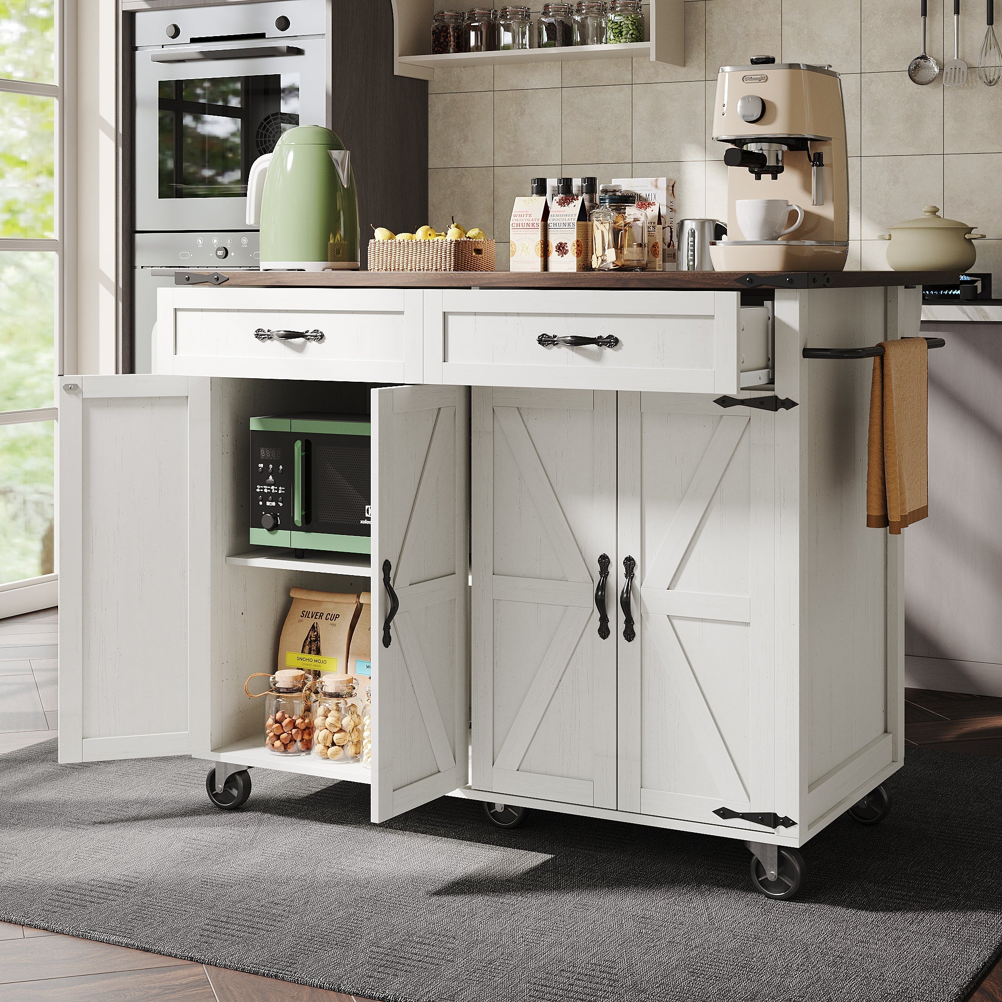 Farmhouse Style Rolling Kitchen Island Storage Trolley with Large