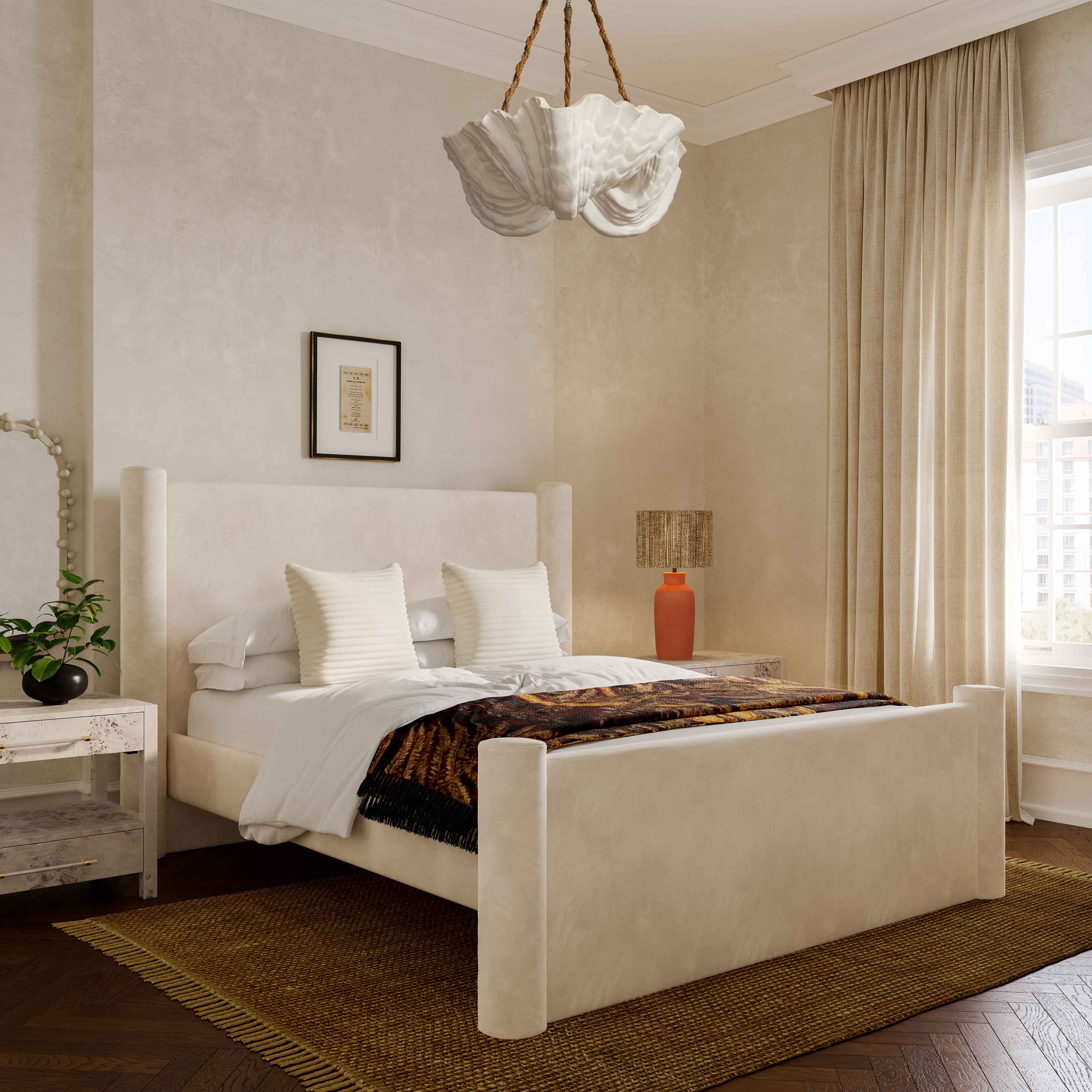 Athara King Bed, Velvet, Cream