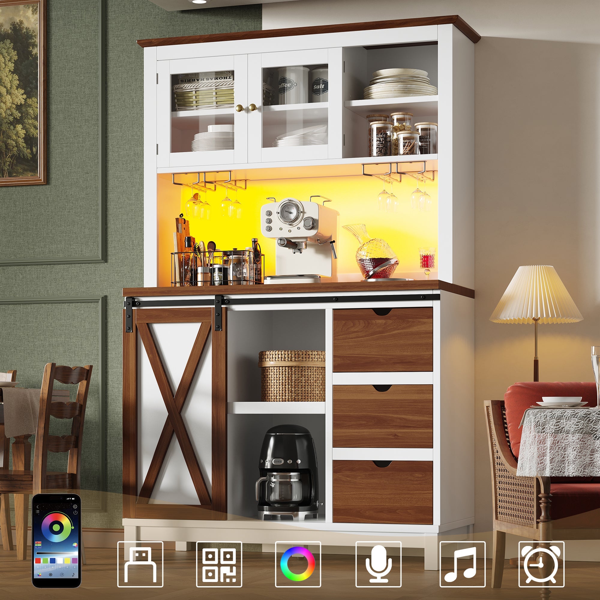 Modern Tall Cabinet with LED Lighting, App Control and Sliding Door, White