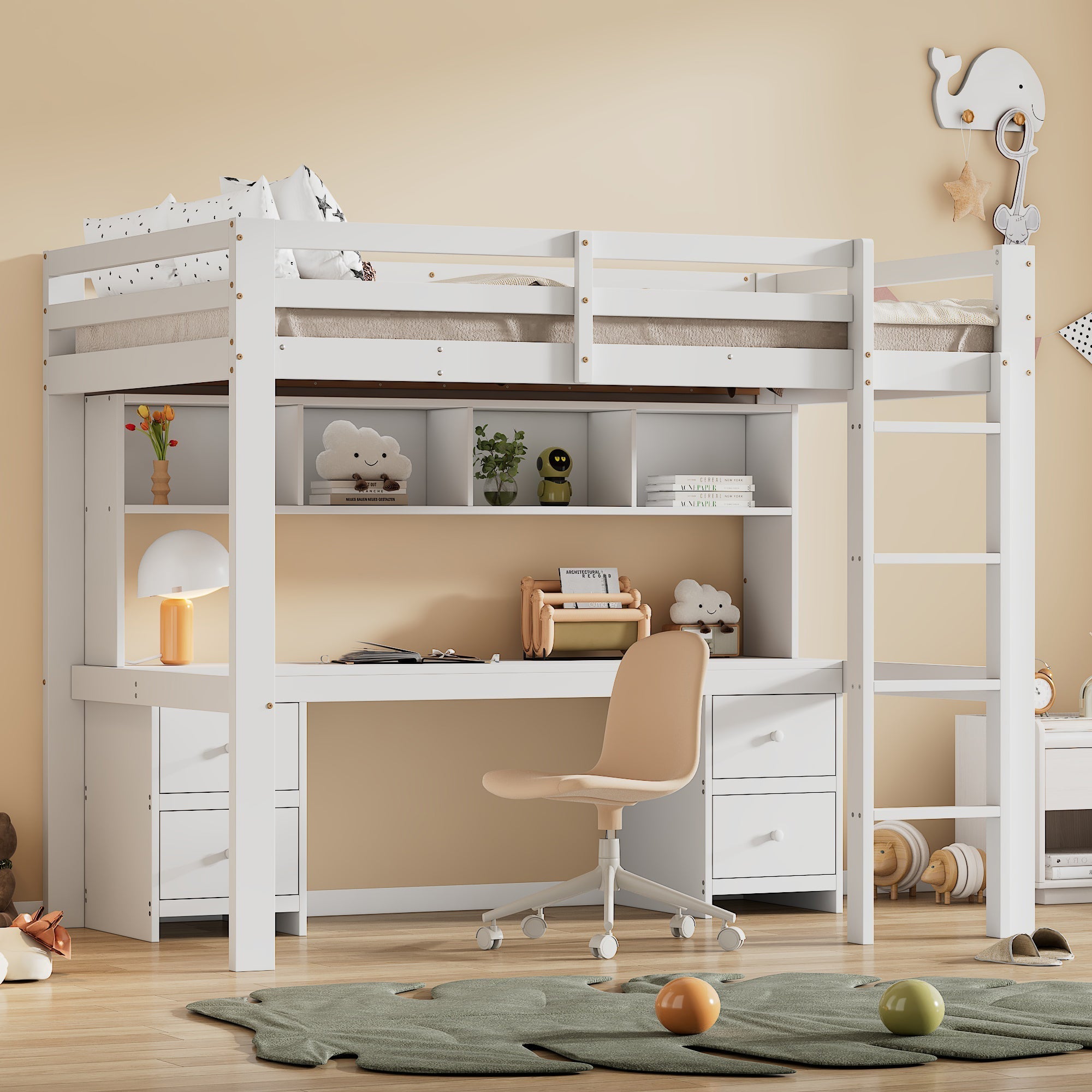 Loft Bed for Children with Desk and Storage, 90x200cm, White Pine Wood