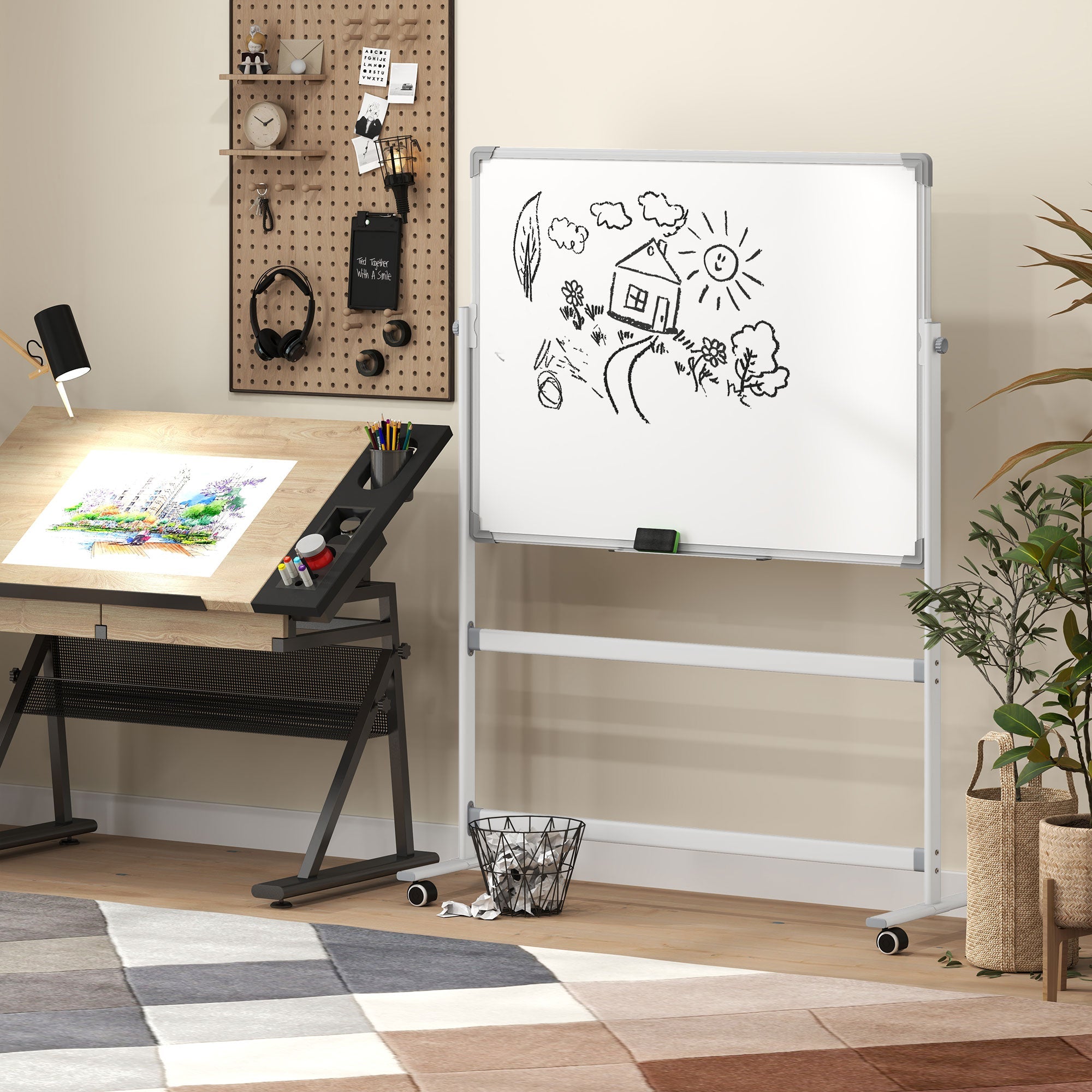 Magnetic Whiteboard 120 x 90 cm Double-Sided with Stand and Wheels, Silver