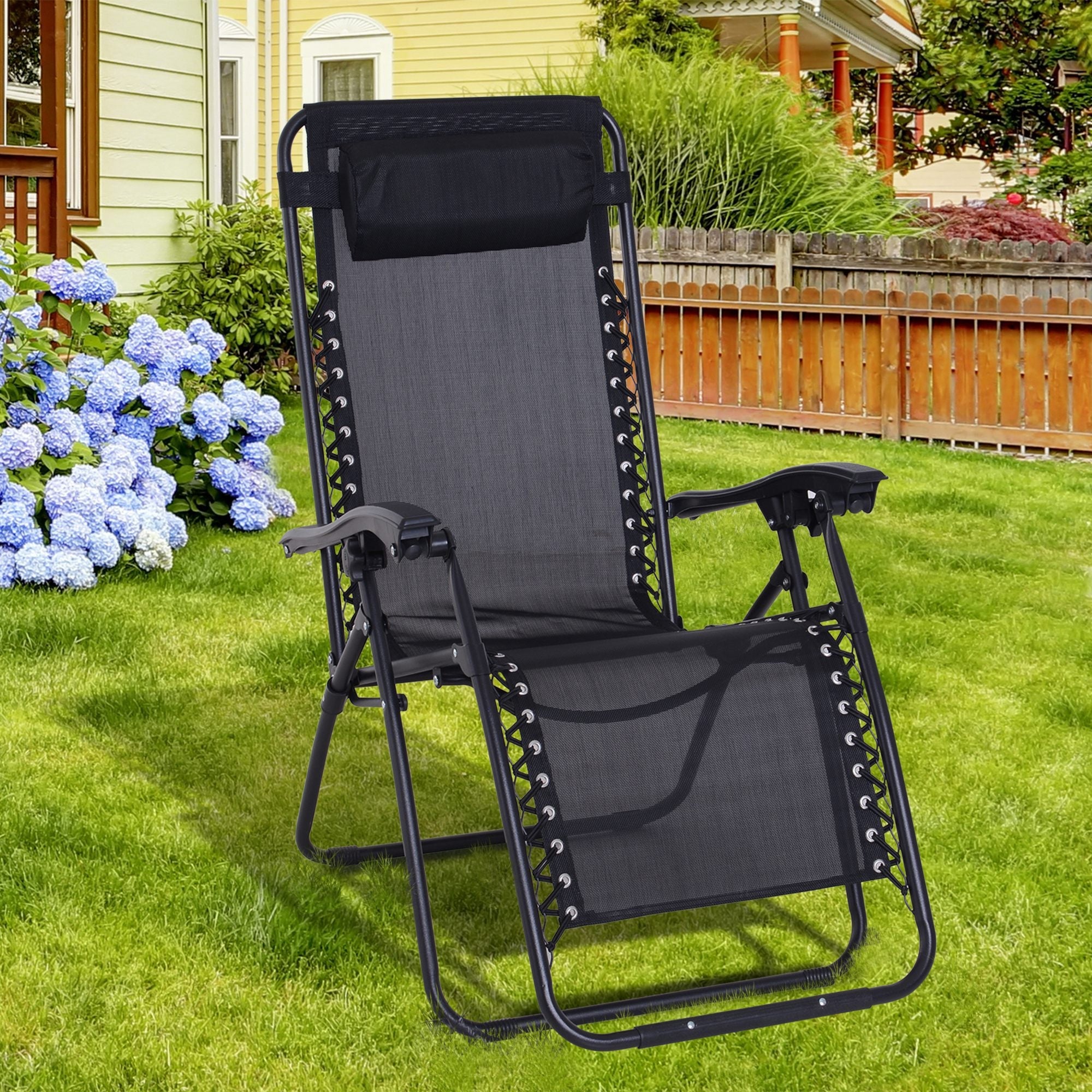 Zero Gravity Chair Folding and Reclining Sun Lounger with Head Pillow, Texteline Black