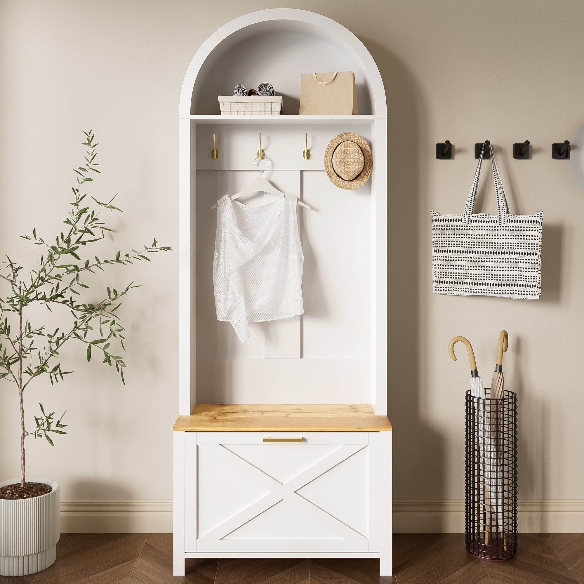 Multifunctional Wardrobe Hall Tree with Shoe Rack, Shelf & Hooks, MDF