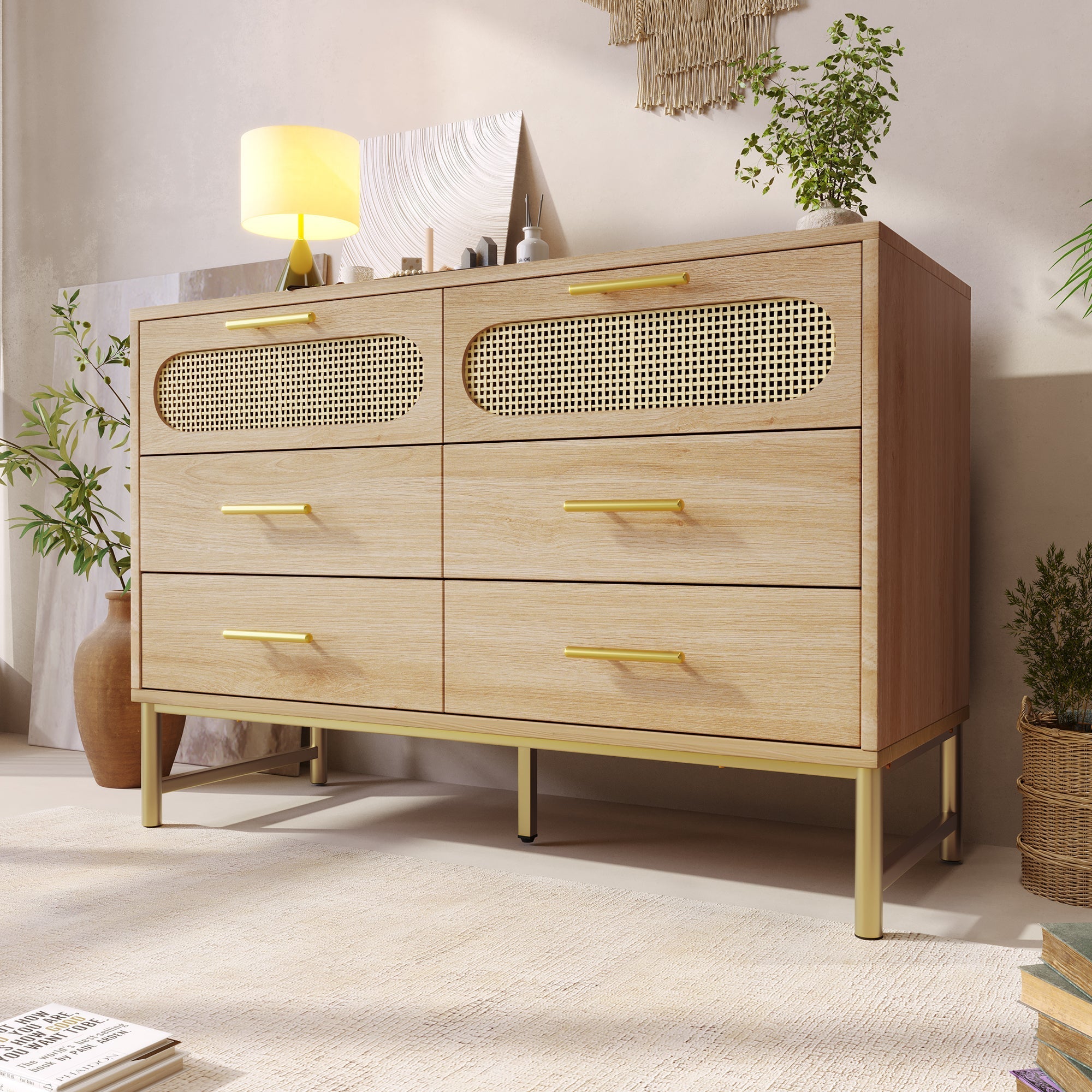 Rattan Sideboard, 6 Drawers Dresser Dressing Table, Sonoma Oak