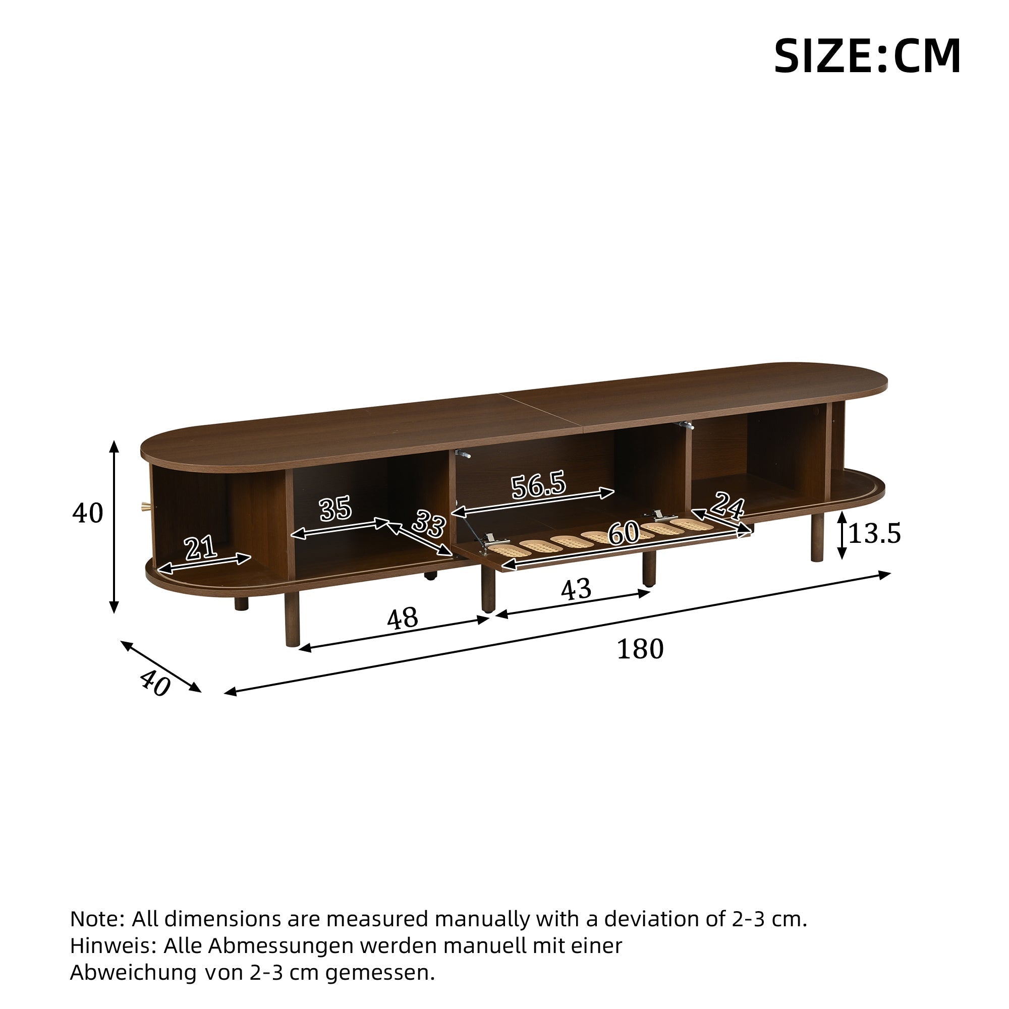 Oval TV Stand with Roll-Up Doors and Rattan Design, Dark Walnut MDF