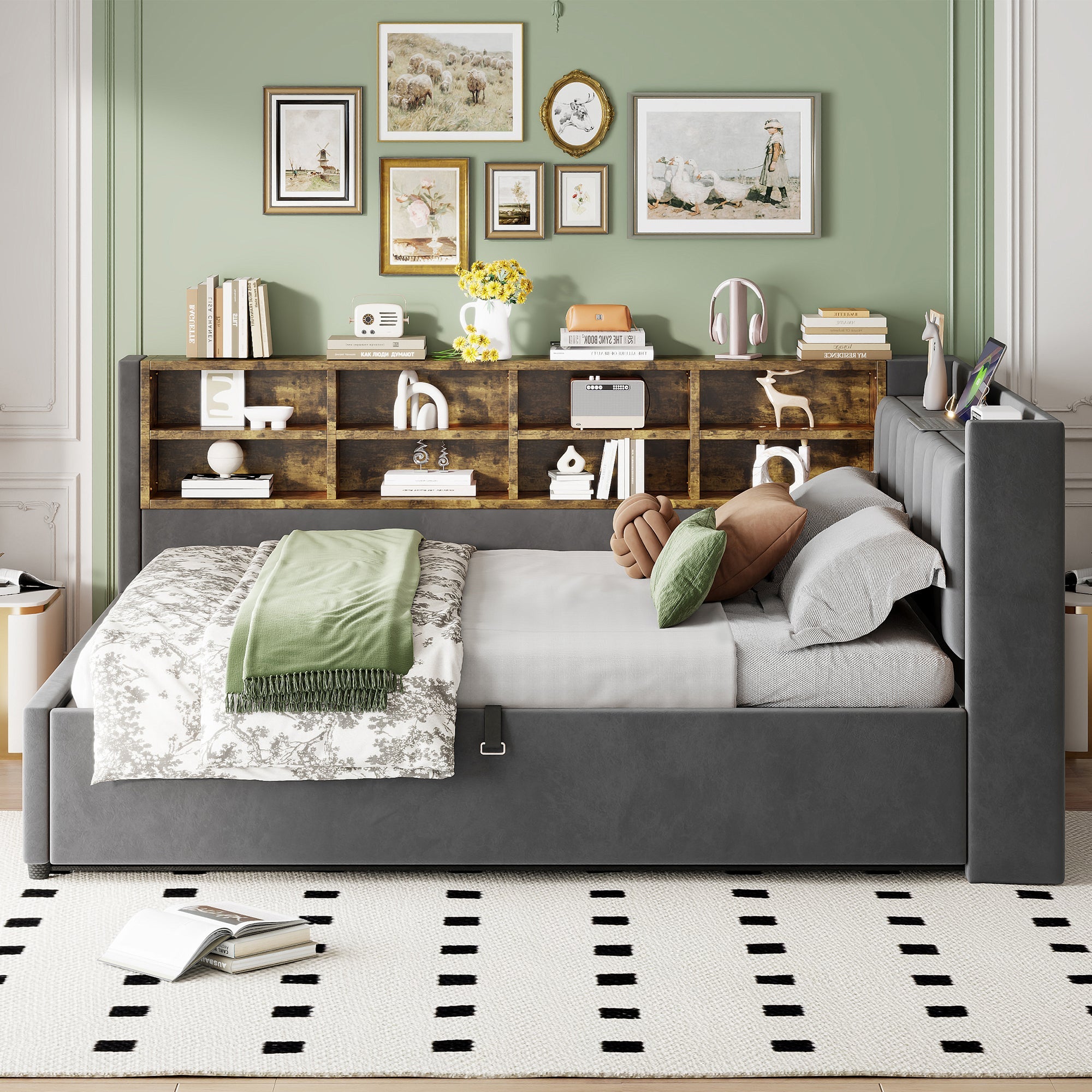 Upholstered Bed/Sofa Bed 140x200 Hydraulic Storage USB Night Light Velvet Dark Grey