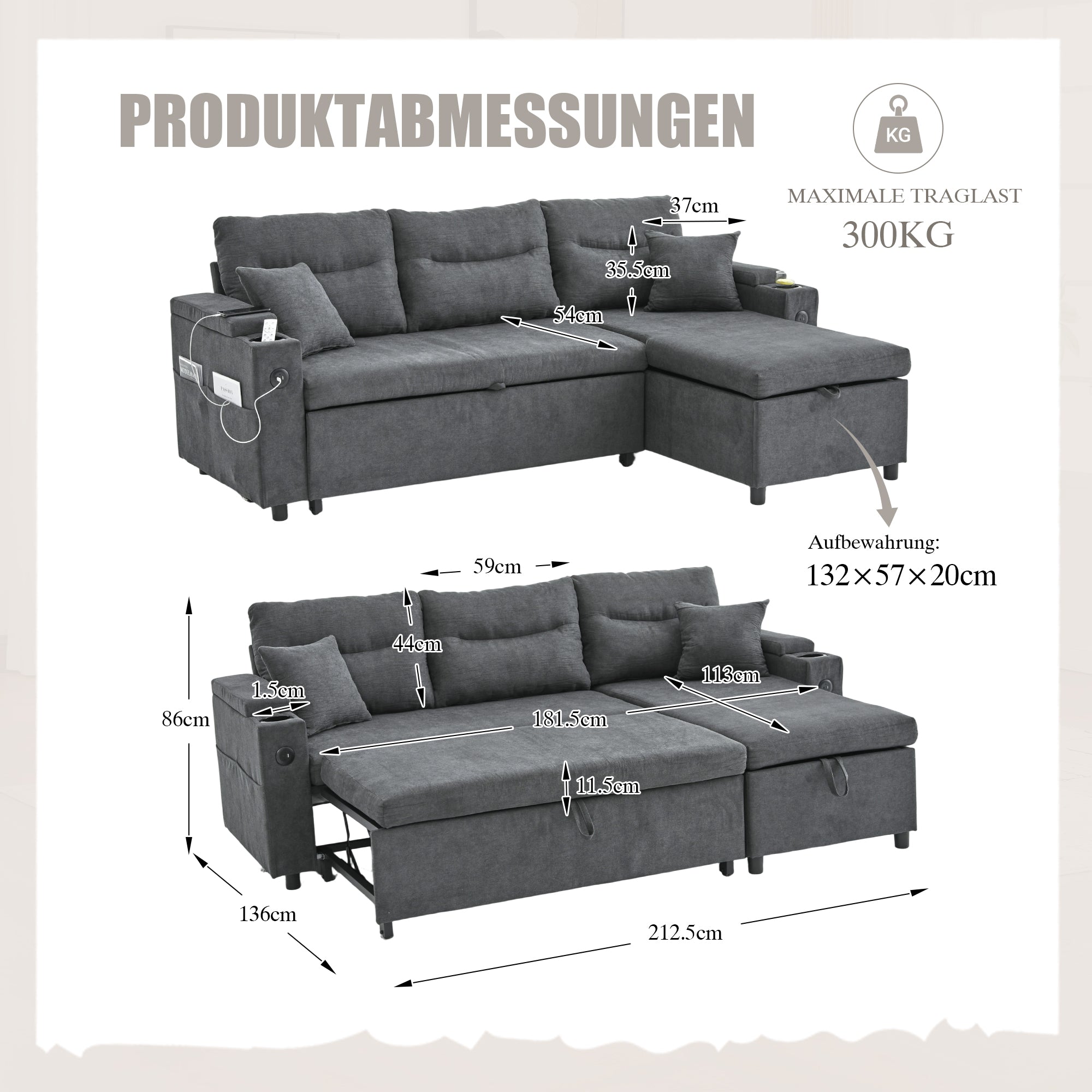 3-Seater Sofa Bed with Storage, Cup Holders and USB-C, Linen Fabric