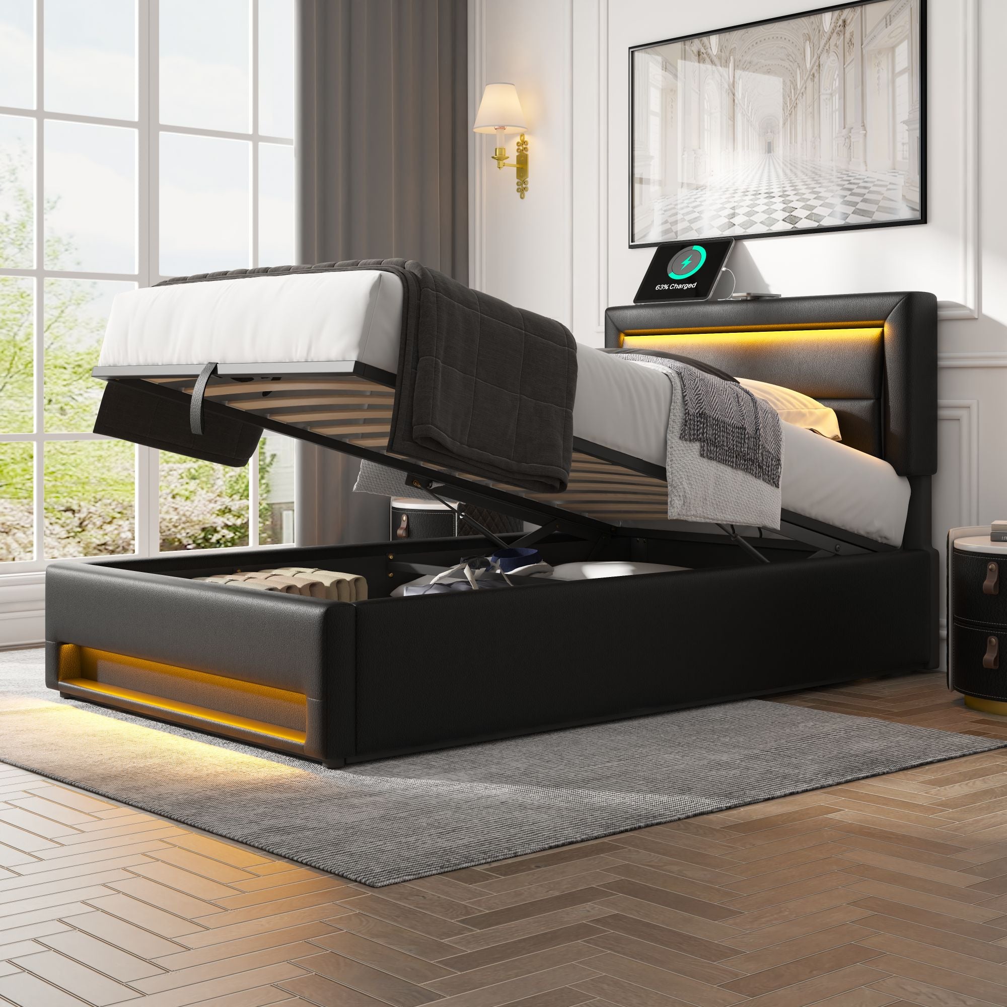 Upholstered Bed 90 x 190 cm with USB Charging, LED Lighting and Storage, Black PU Leather