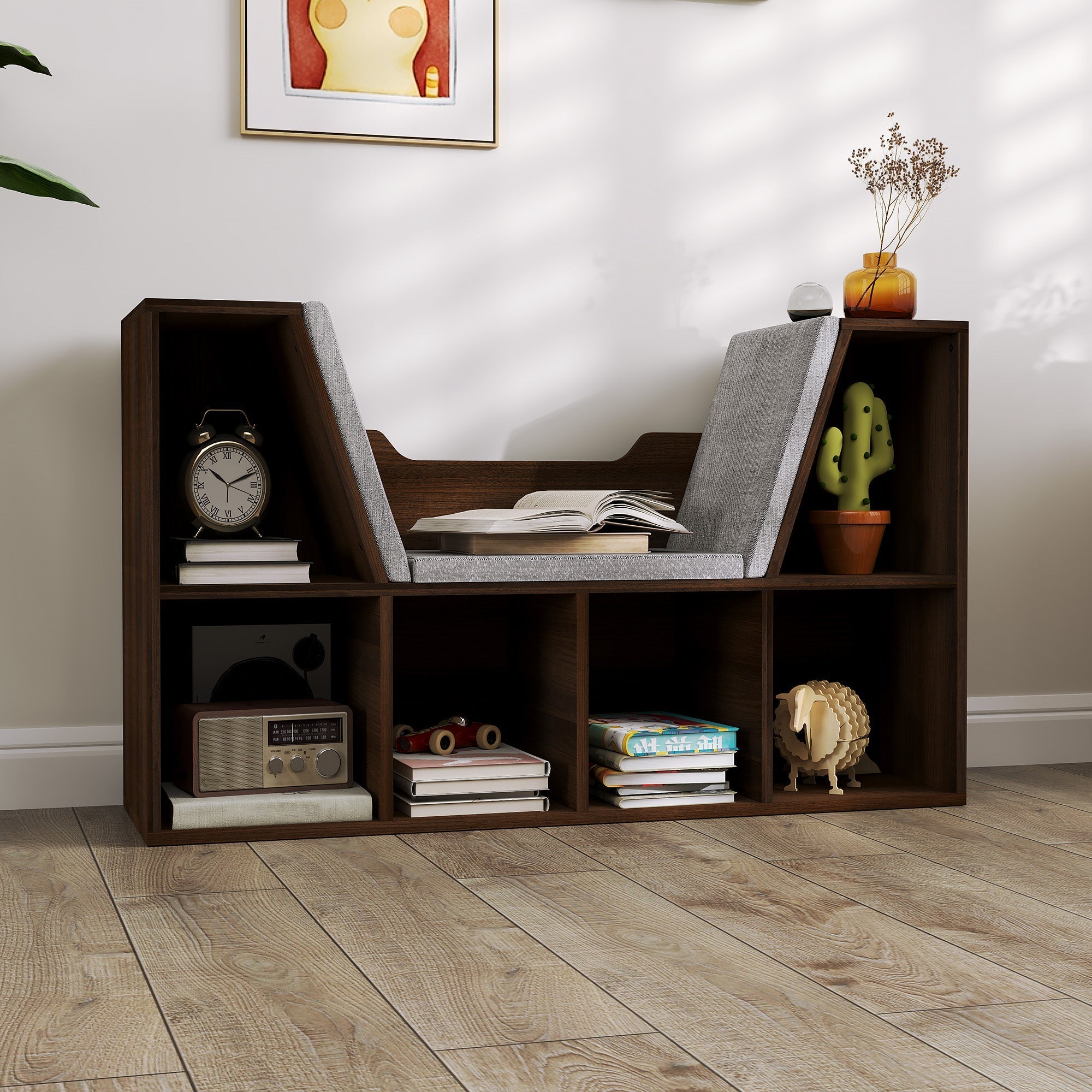 Bookcase Storage Shelf with Cushioned Reading Seat, Cube Organizer, Chestnut