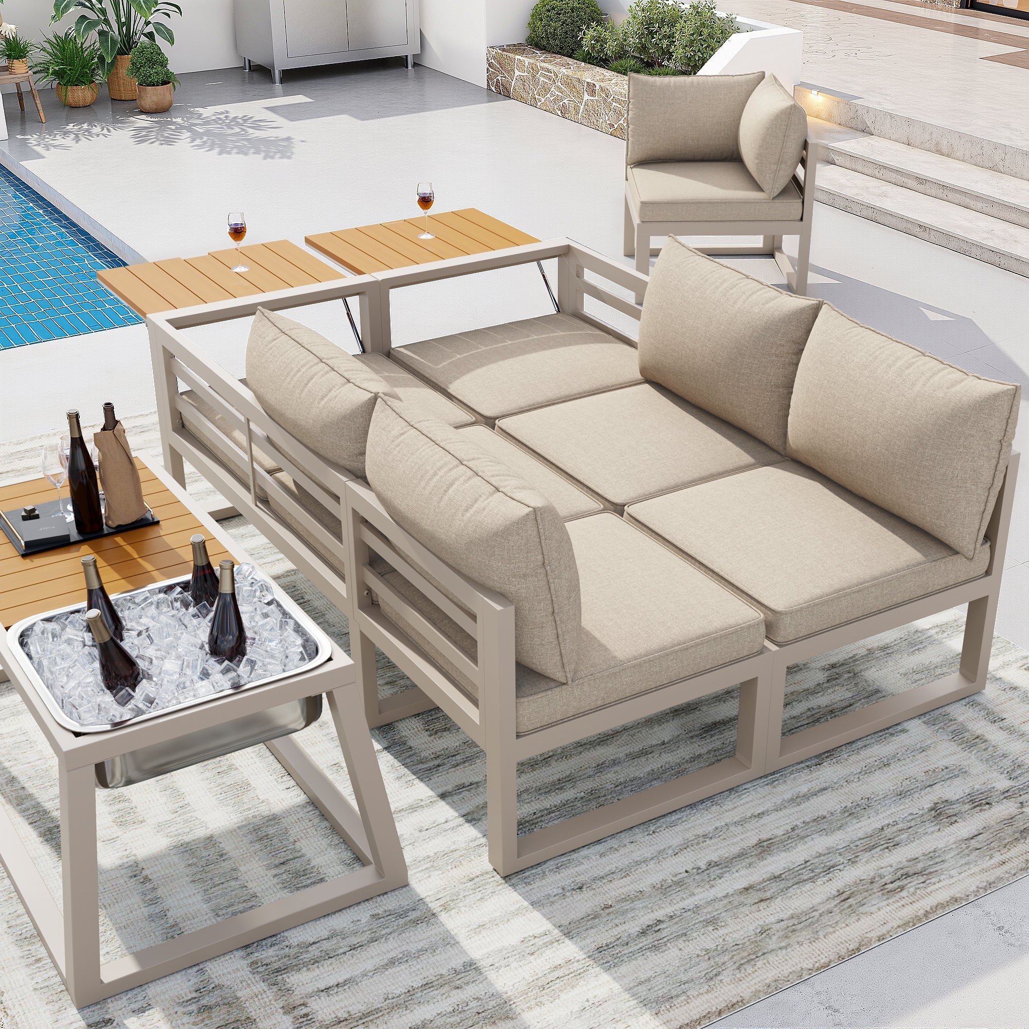Modular Outdoor Sofa Set with Adjustable Backrest, Fold-out Armrests and Metal Ice Bucket, Grey/Beige