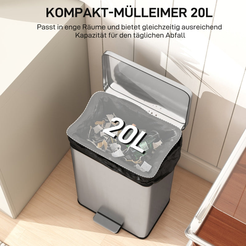 Pedal Bin 20L Soft-Close Lid Removable Inner Bucket - Silver