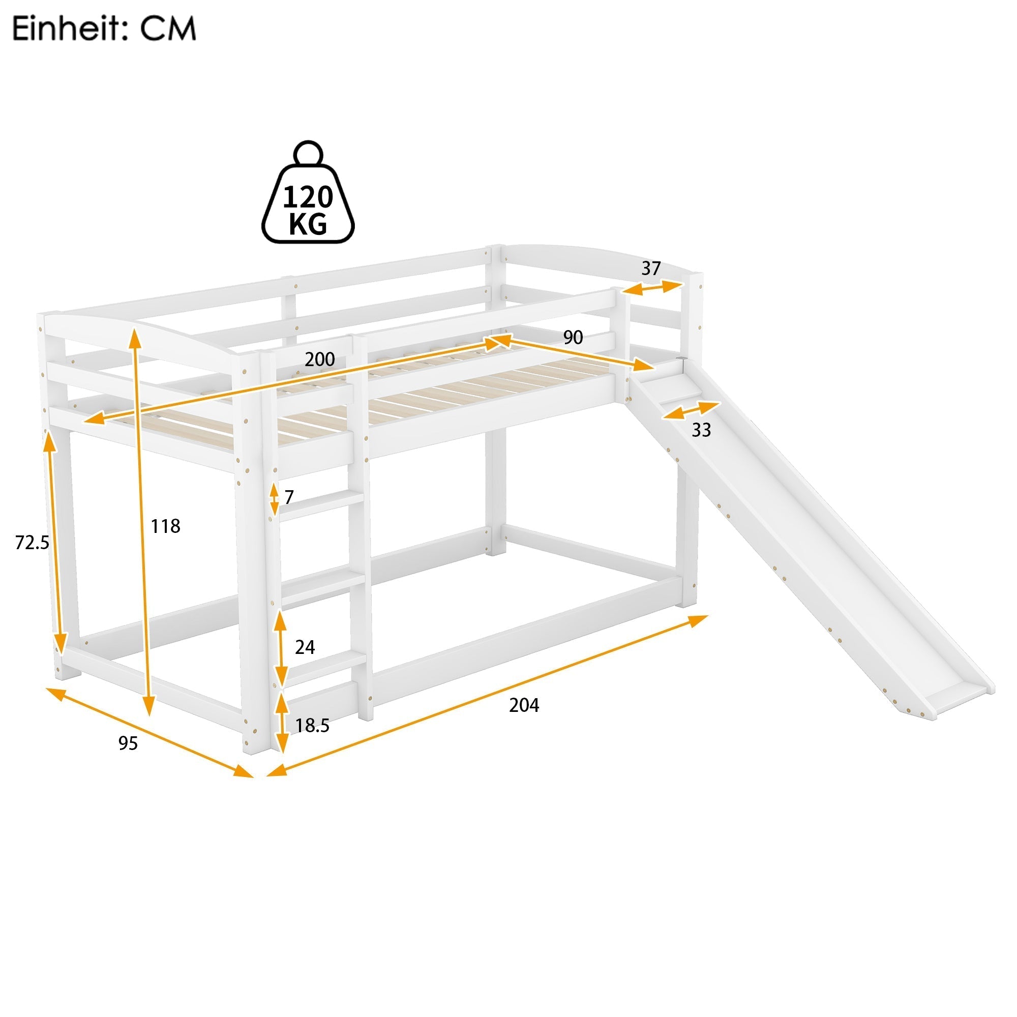 Bunk Bed 90x200cm with Slide, Solid Wood Frame for Kids & Teens, White