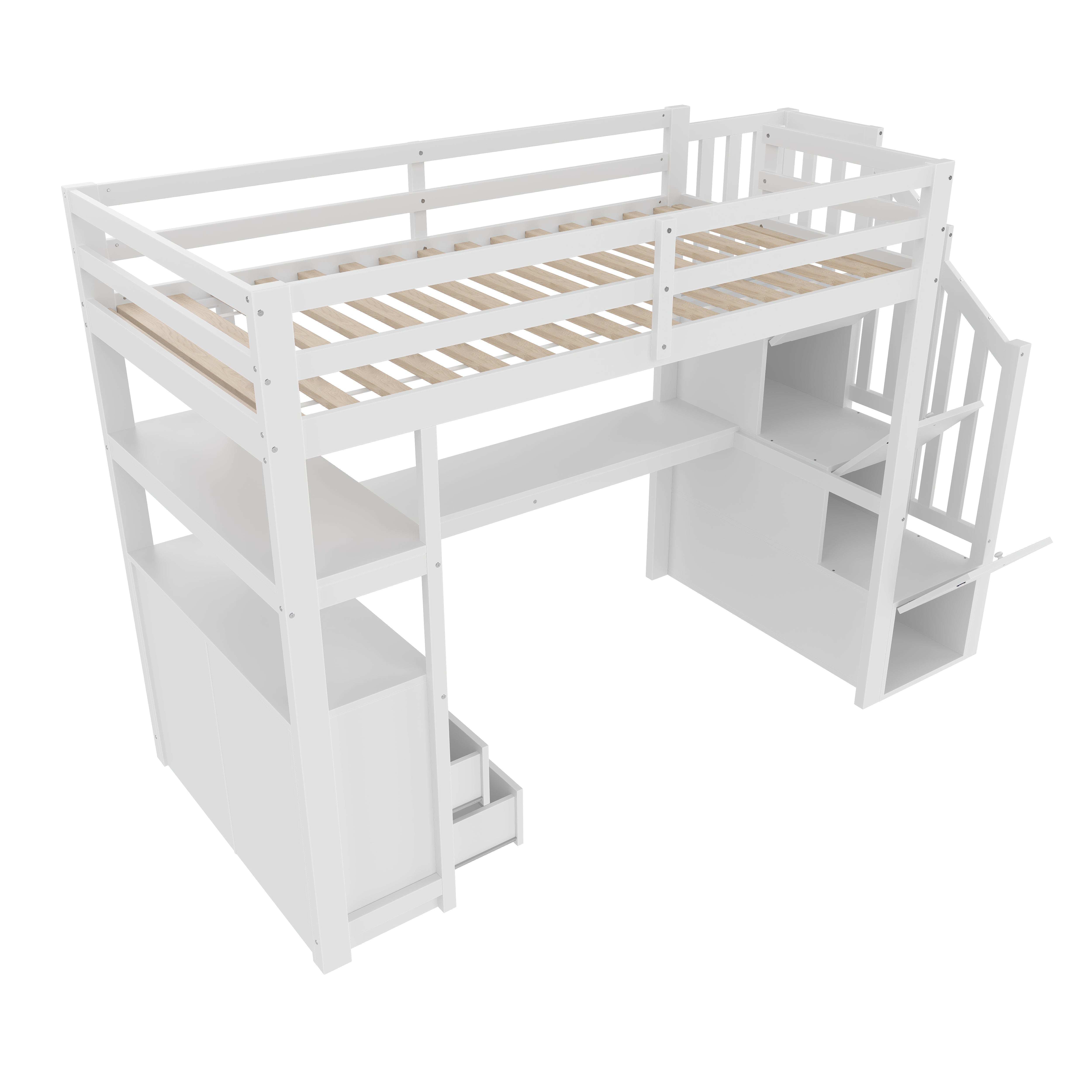 Loft Bed with Integrated Desk and Storage Ladder, 90x200cm, White