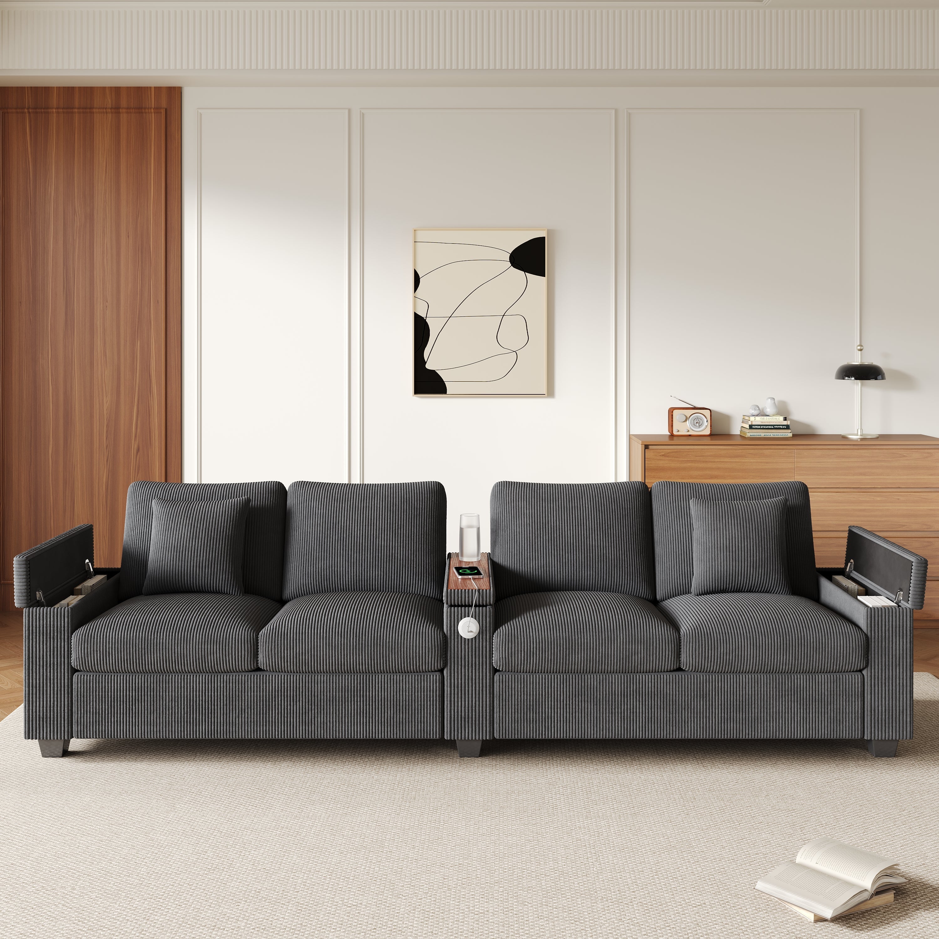 Modern 4-Seater Modular Sofa with USB Charging and Hidden Storage, Gray Corduroy