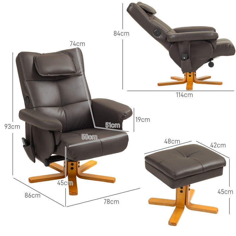 Faux Leather Massage Recliner Chair with Storage Ottoman - Brown