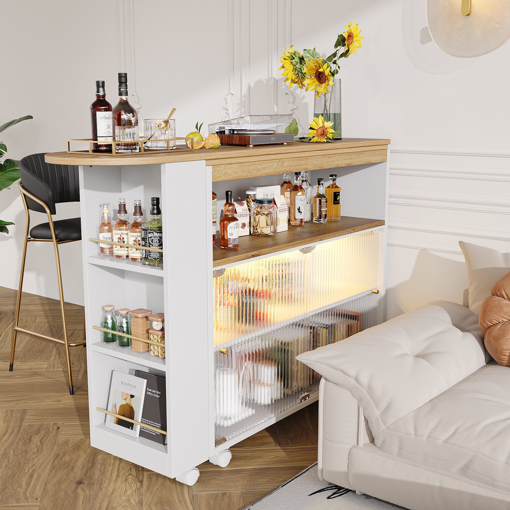 Extendable Bar Table, Movable Telescopic with LED, White