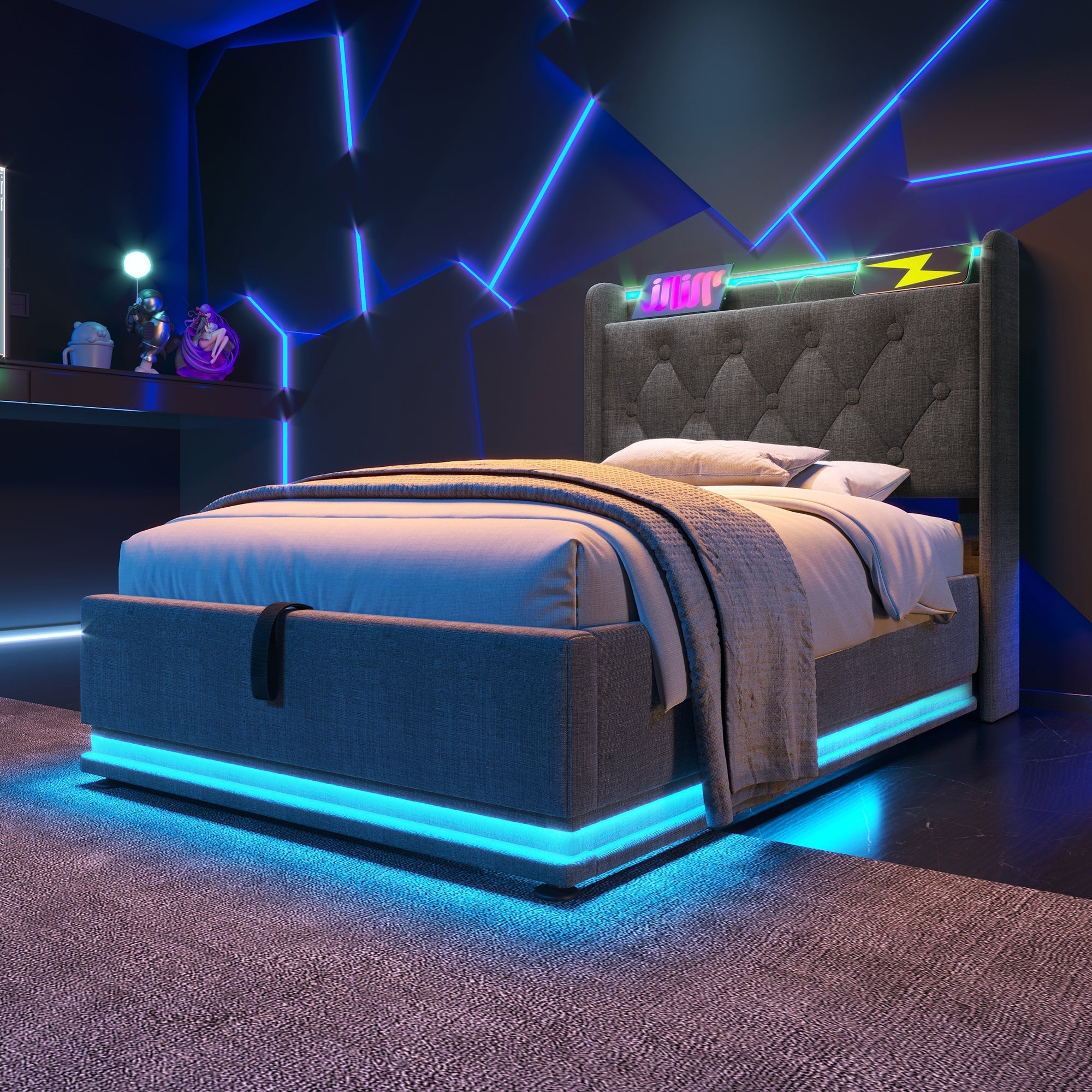 Upholstered Single Bed, 360-Degree LED, Hydraulic Storage, USB Type-C, Gray Linen
