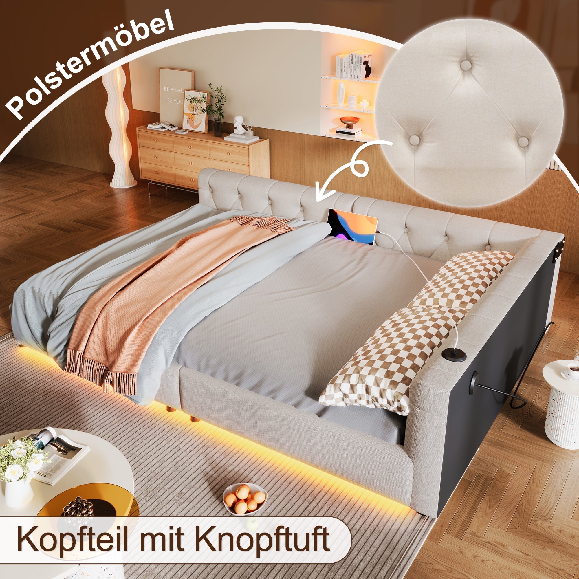 Sofa Bed 140x200cm LED Light USB/Type-C Button Tufting - Beige Linen