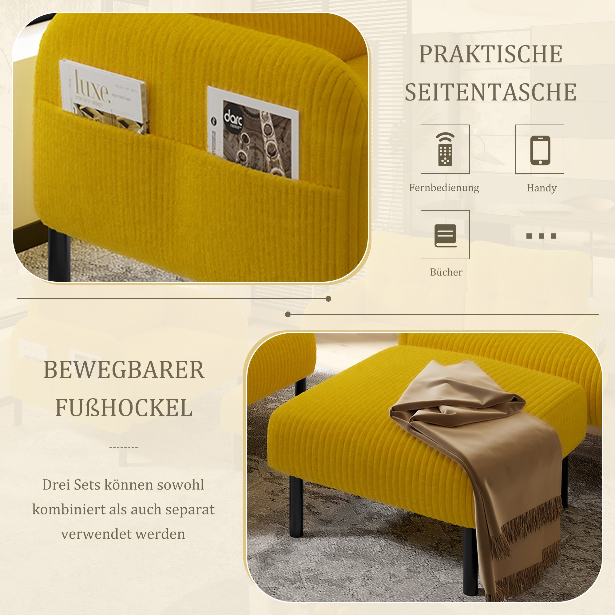 Cord Modular 3-Piece Sofa Set, Armchair Footstool 2-Seater, Deep Seat Tubular Steel Frame, Mustard Yellow