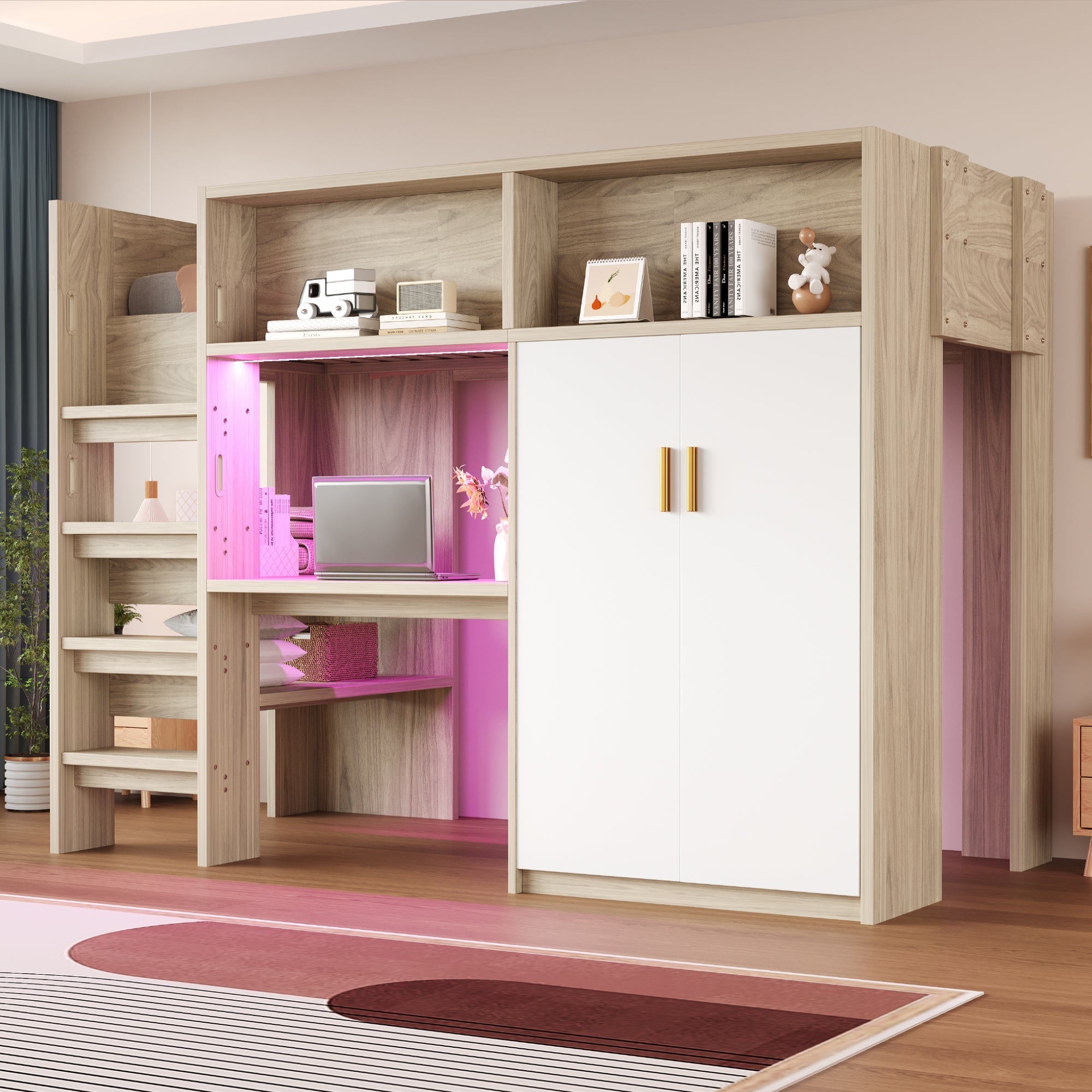 Multifunctional Loft Bed with Desk, Wardrobe, Shelf and LED Lighting, Wood Color