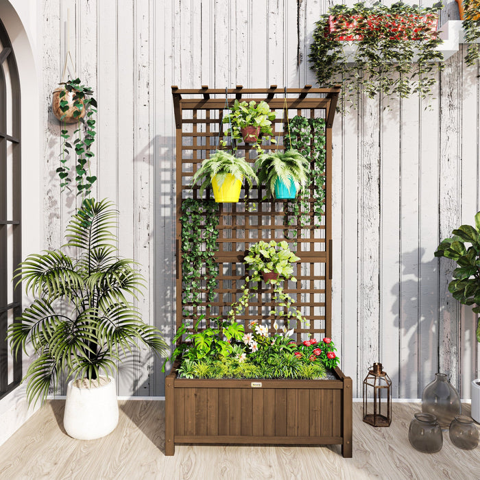 Raised Bed Planter with Drainage Holes and Trellis, Brown Wood