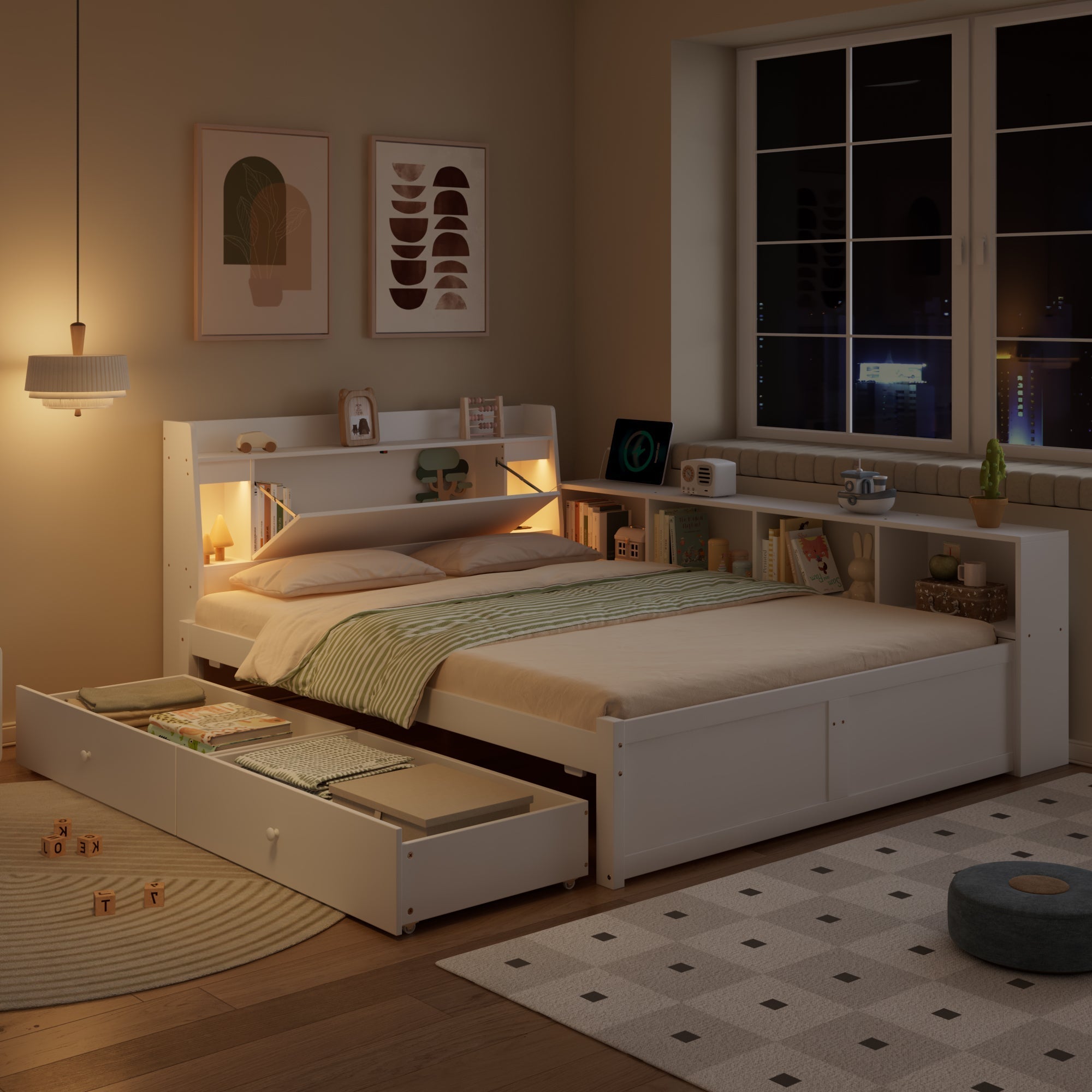 Double Bed Panel Headboard Storage Lights USB Cabinets Drawers Pine+Chipboard+MDF, White, 140x200cm
