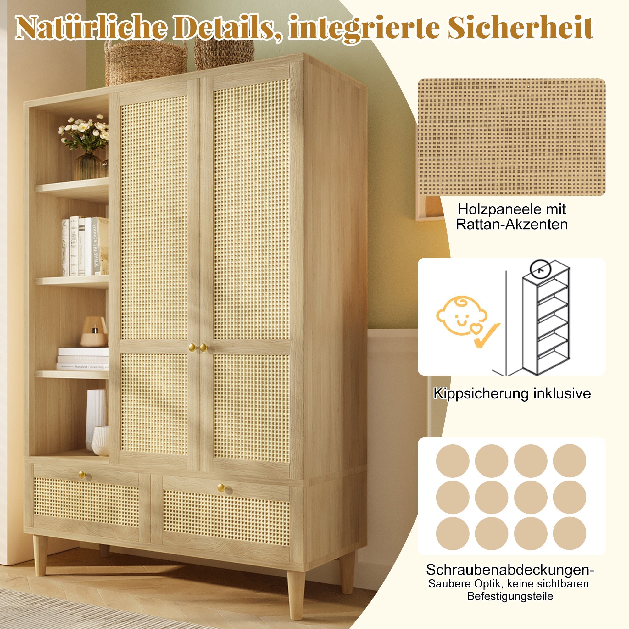 Wardrobe with 2 Doors, Rattan Weave, Shelves, Clothes Rail and 2 Drawers, Oak Look