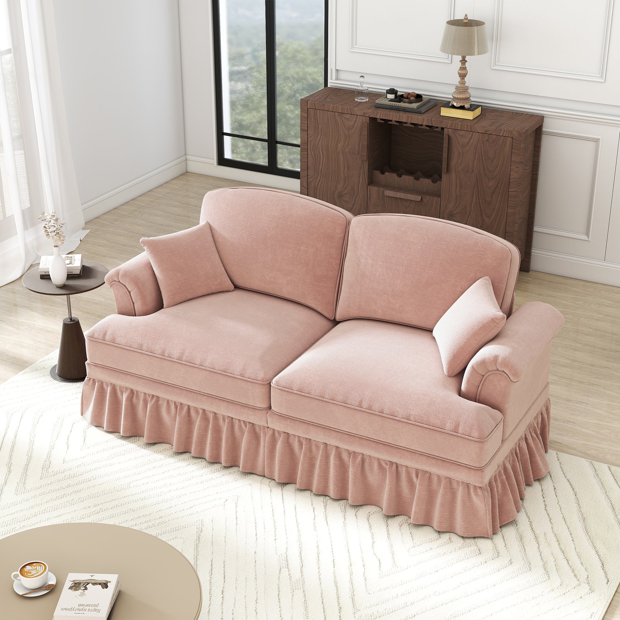 2-Seater Sofa Elegant Mid-Century Flared Armrests - Chenille Pink