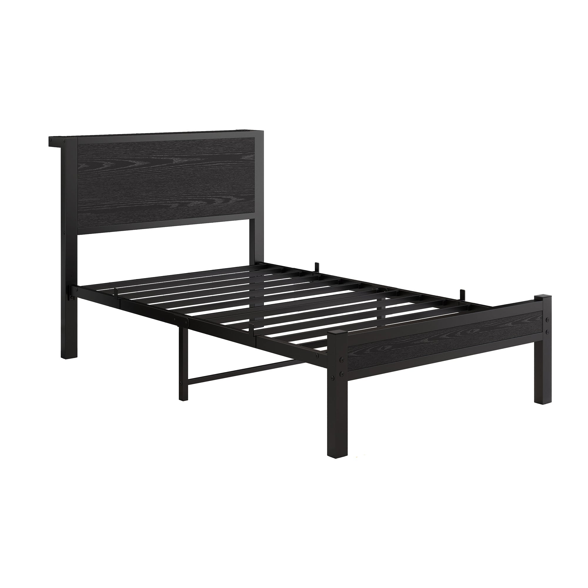 Single Metal Bed Frame 90x200cm, Storage Headboard, Noiseless Platform - Black