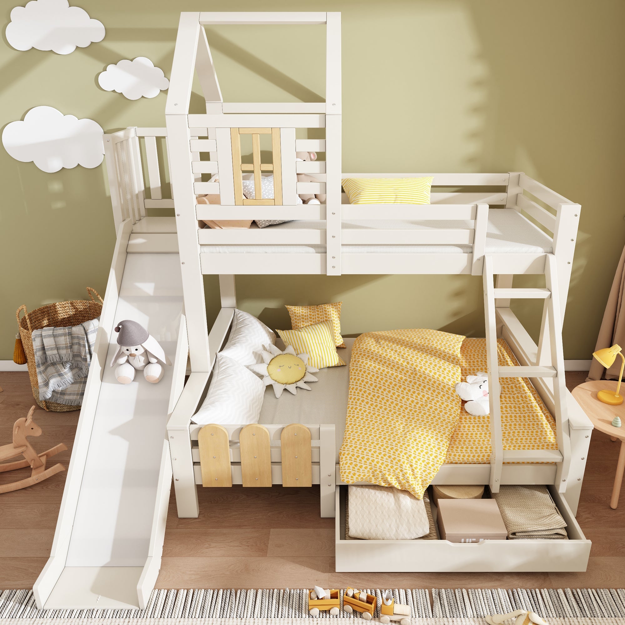 Bunk Beds for Kids, Cabin Tree-house Bed with Ladder and Slide, Twin Sleeper (90+135) x 190 cm, Solid Wood, White