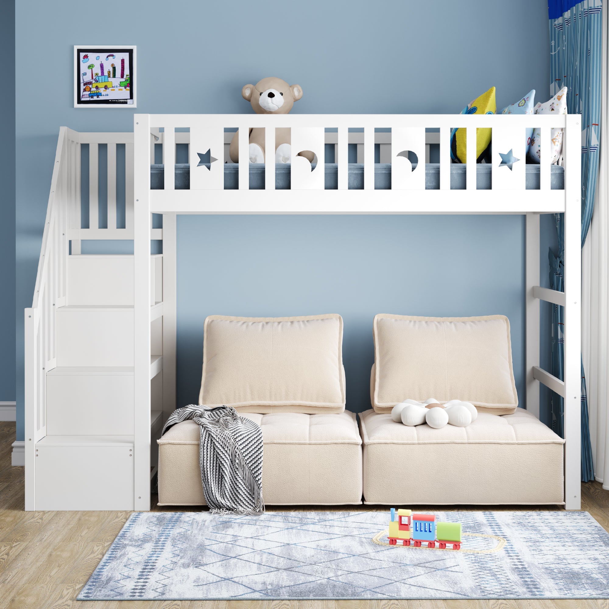 Bunk Bed, 90x200 with Stairs, Loft, Solid Wood, White